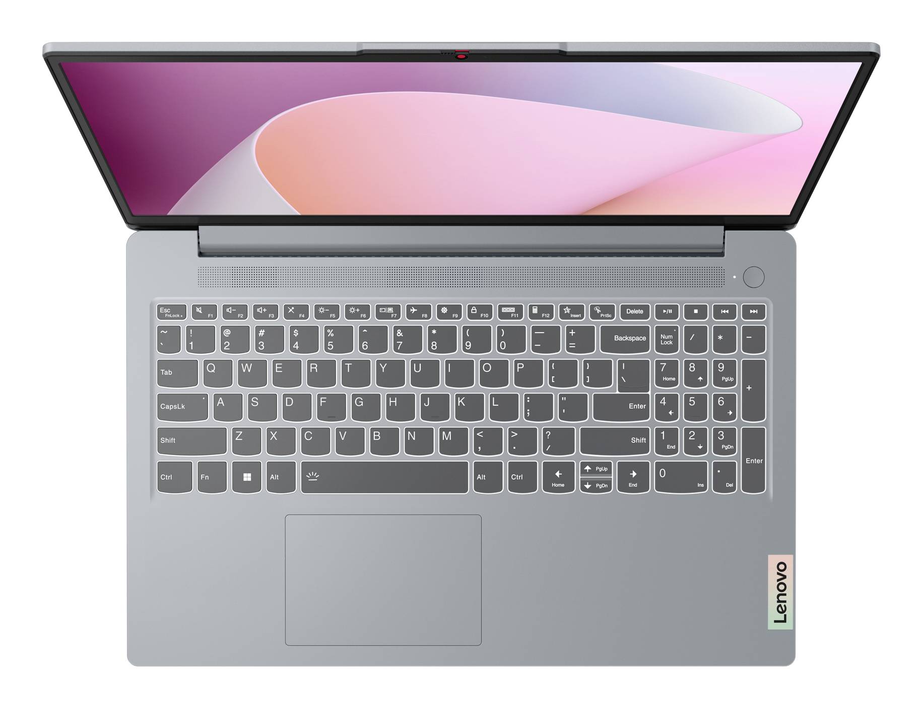 Draufsicht auf einen grauen Lenovo-Laptop mit geöffnetem Bildschirm, der eine rosa-violette abstrakte Tapete zeigt, sowie die Tastatur, das Touchpad und den Einschaltknopf.