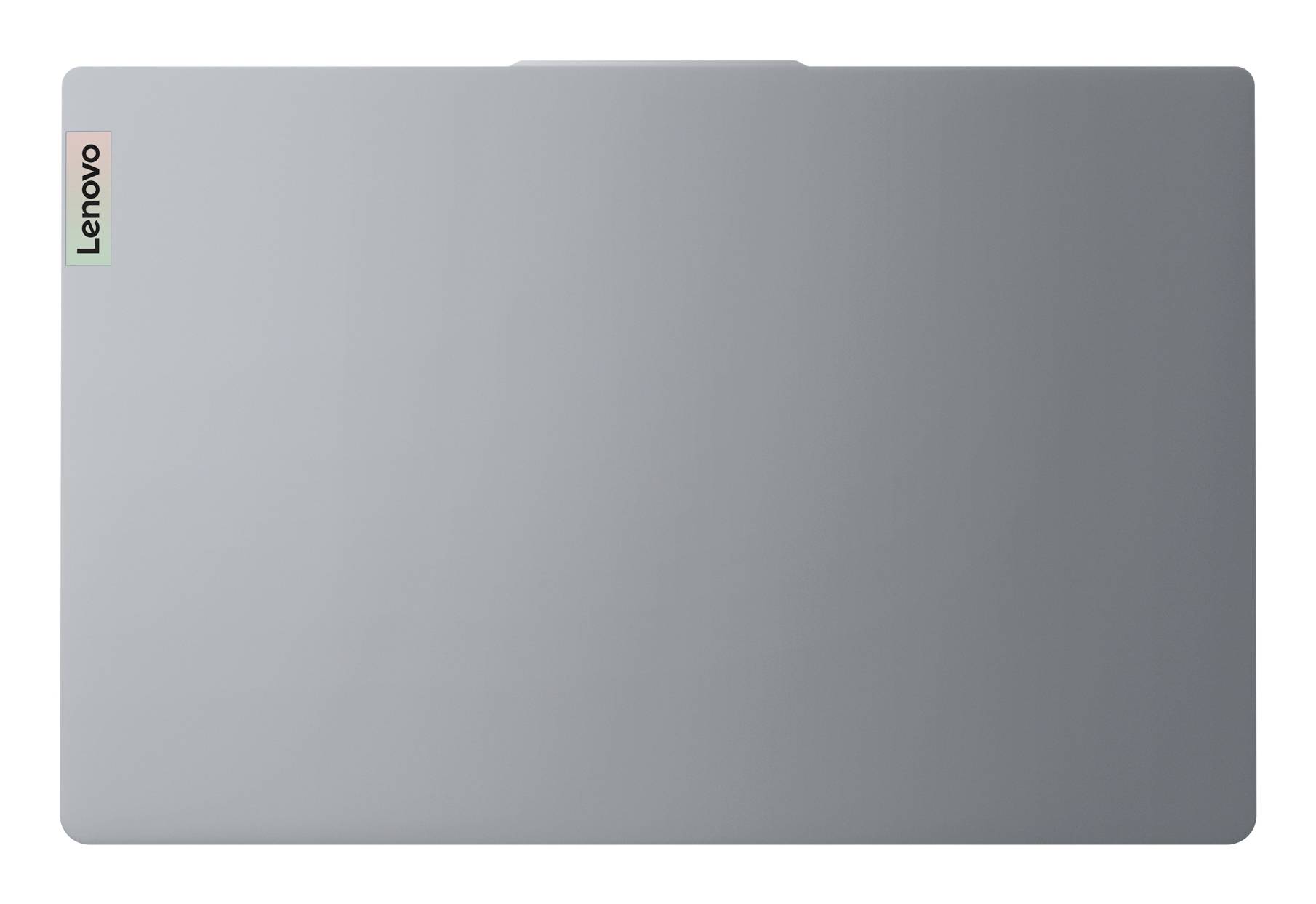 Geschlossener silberfarbener Lenovo-Laptop mit vertikalem Lenovo-Logo in der oberen linken Ecke.