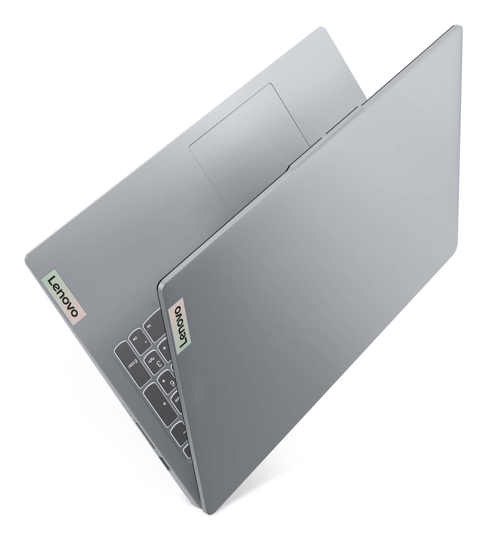 Zwei graue Lenovo-Laptops, teilweise geöffnet und übereinander angeordnet, auf weißem Hintergrund.
