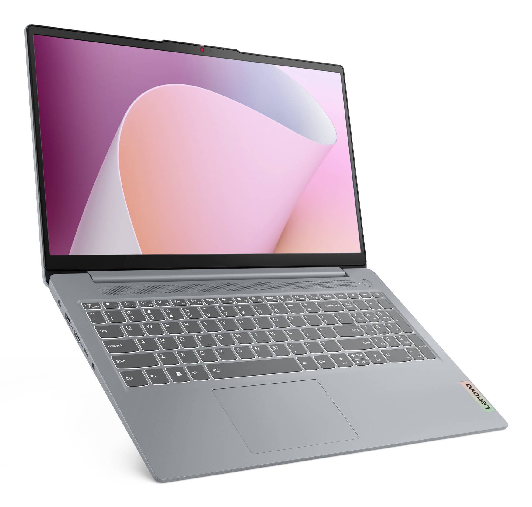 Silberner Lenovo-Laptop auf weißem Hintergrund, mit sichtbarer Tastatur und rosa-lila abstraktem Bildschirm.