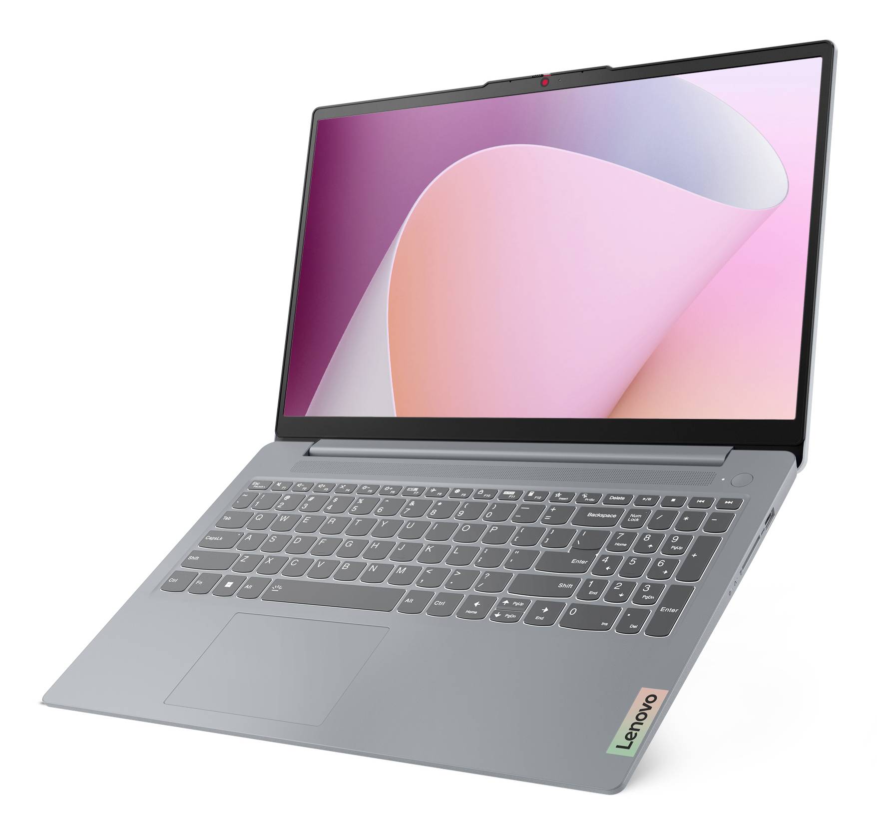 Silberner Lenovo-Laptop mit geöffnetem Bildschirm auf weißem Hintergrund, in Schrägansicht dargestellt.