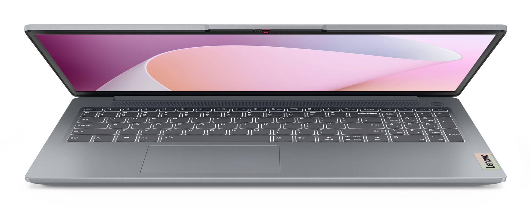 Offener Laptop-Computer mit Tastatur und leerem Bildschirm mit abstraktem rosa und violettem Hintergrund.