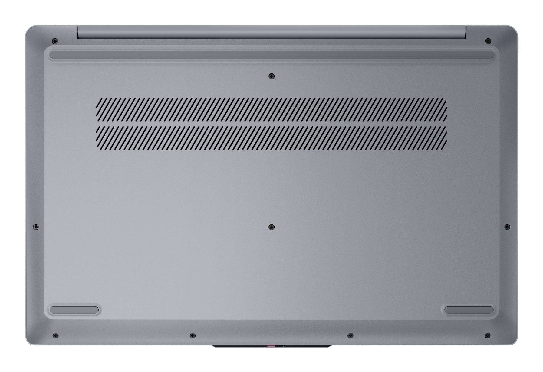 Unteransicht eines geschlossenen grauen Laptops mit Belüftungsgittern, Schrauben und Gummifüßen.