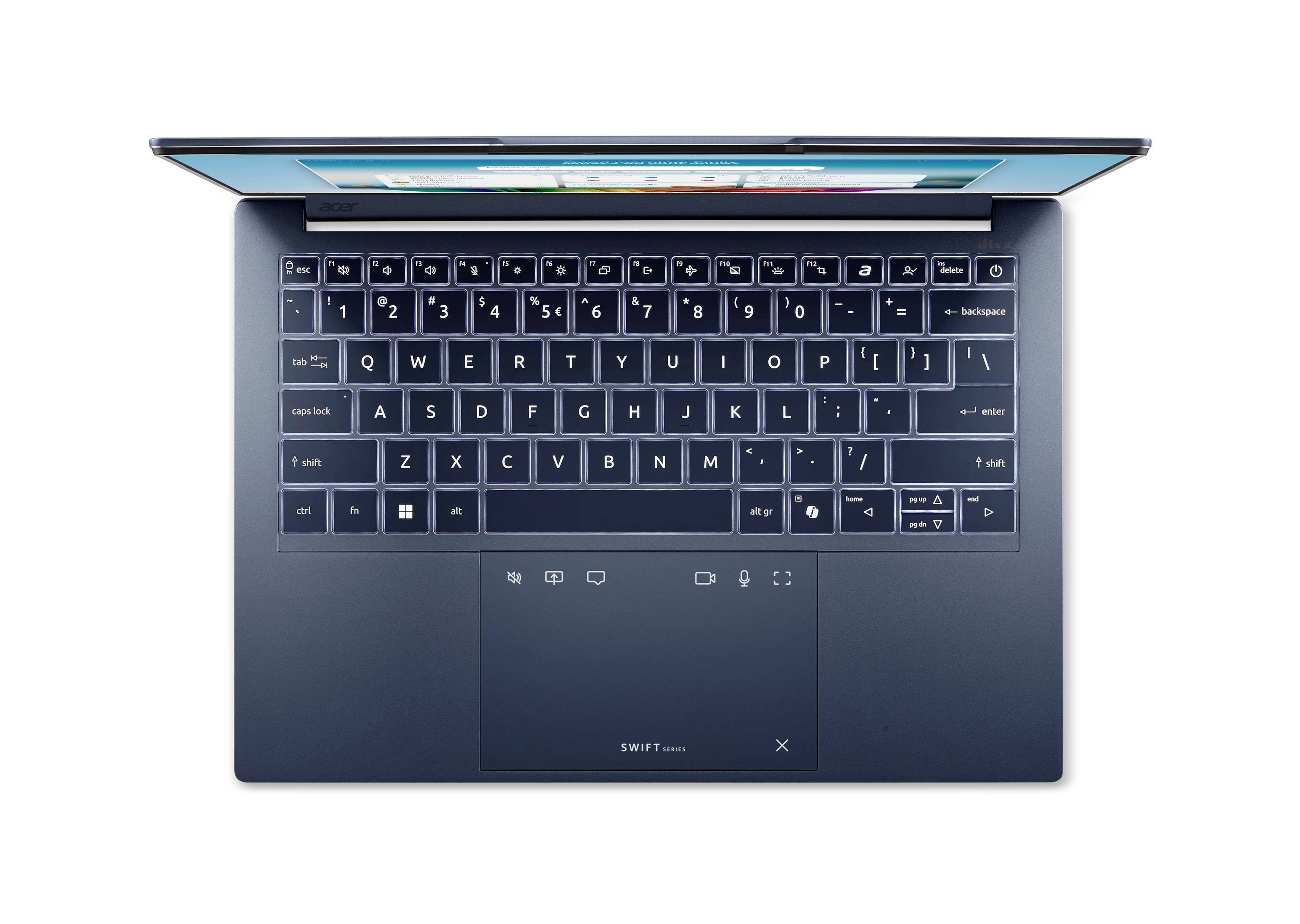 Draufsicht auf einen dunkelblau glänzenden Laptop mit leicht geöffnetem Deckel, der die Tastatur und das große zentriert angeordnete Touchpad auf weißem Hintergrund zeigt.