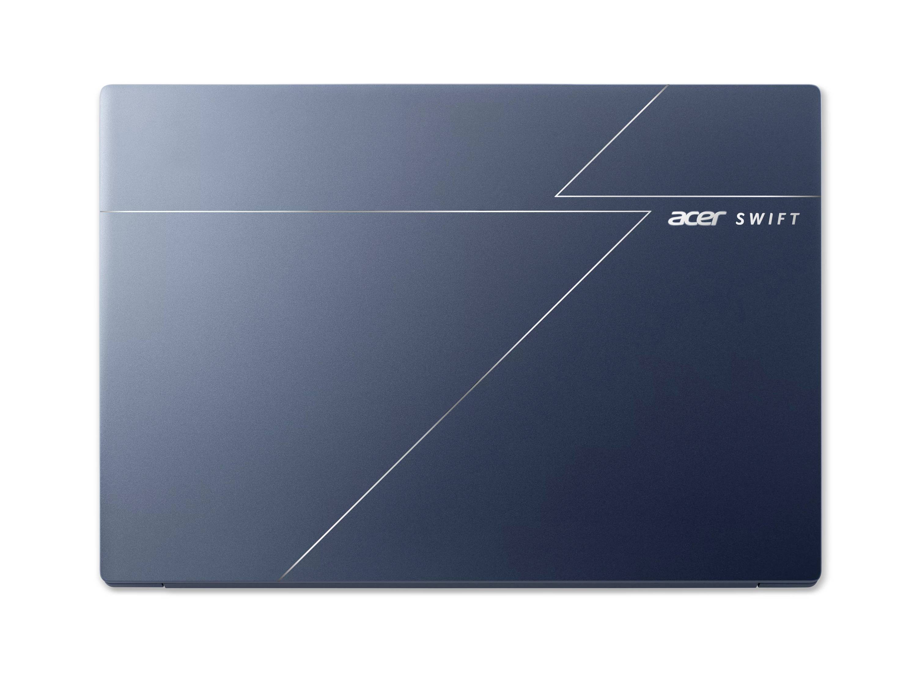 Geschlossener blauer Acer Swift Laptop mit Deckeldesign mit diagonaler silberner Linie und „acer SWIFT"-Logo in der oberen rechten Ecke.