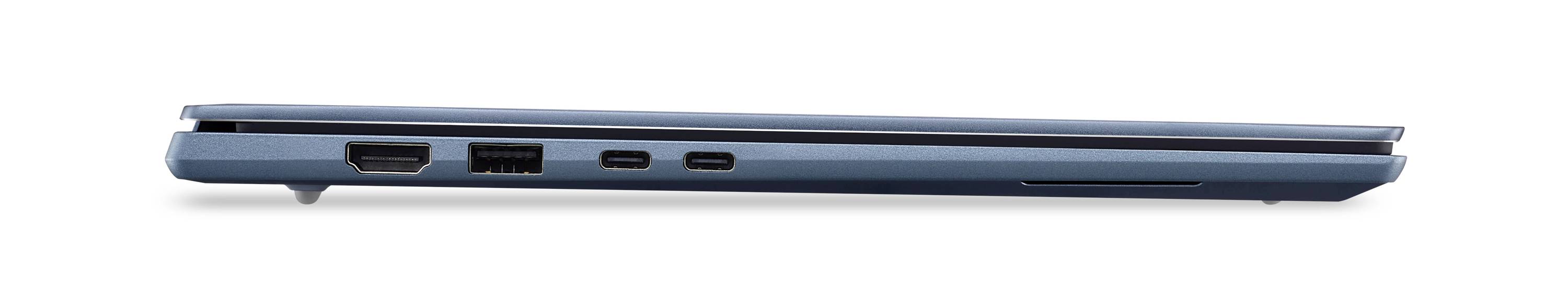 Seitenansicht eines geschlossenen grauen Laptops, die das dünne Profil und die Anschlüsse an der Vorderkante zeigt.