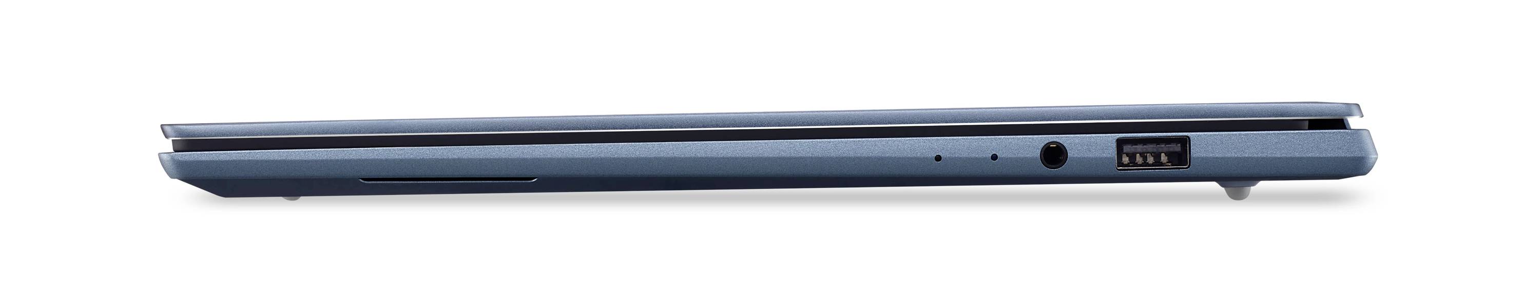 Seitenansicht eines geschlossenen schlanken blauen Laptops mit seinen Anschlüssen an der Kante.
