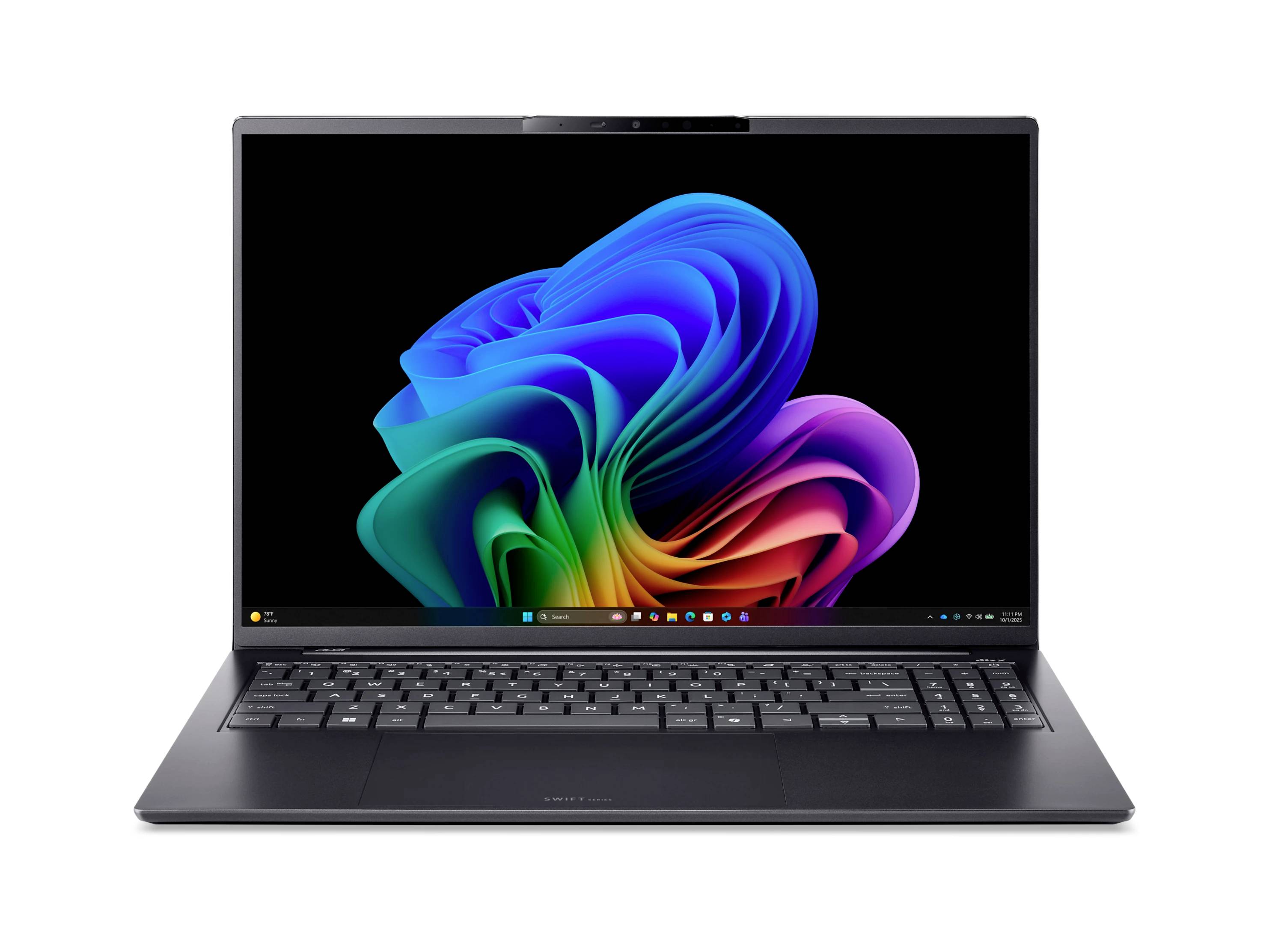 Offener Laptop mit buntem abstraktem Windows-ähnlichem Hintergrund auf schwarzem Bildschirm, von vorne betrachtet vor weißem Hintergrund.