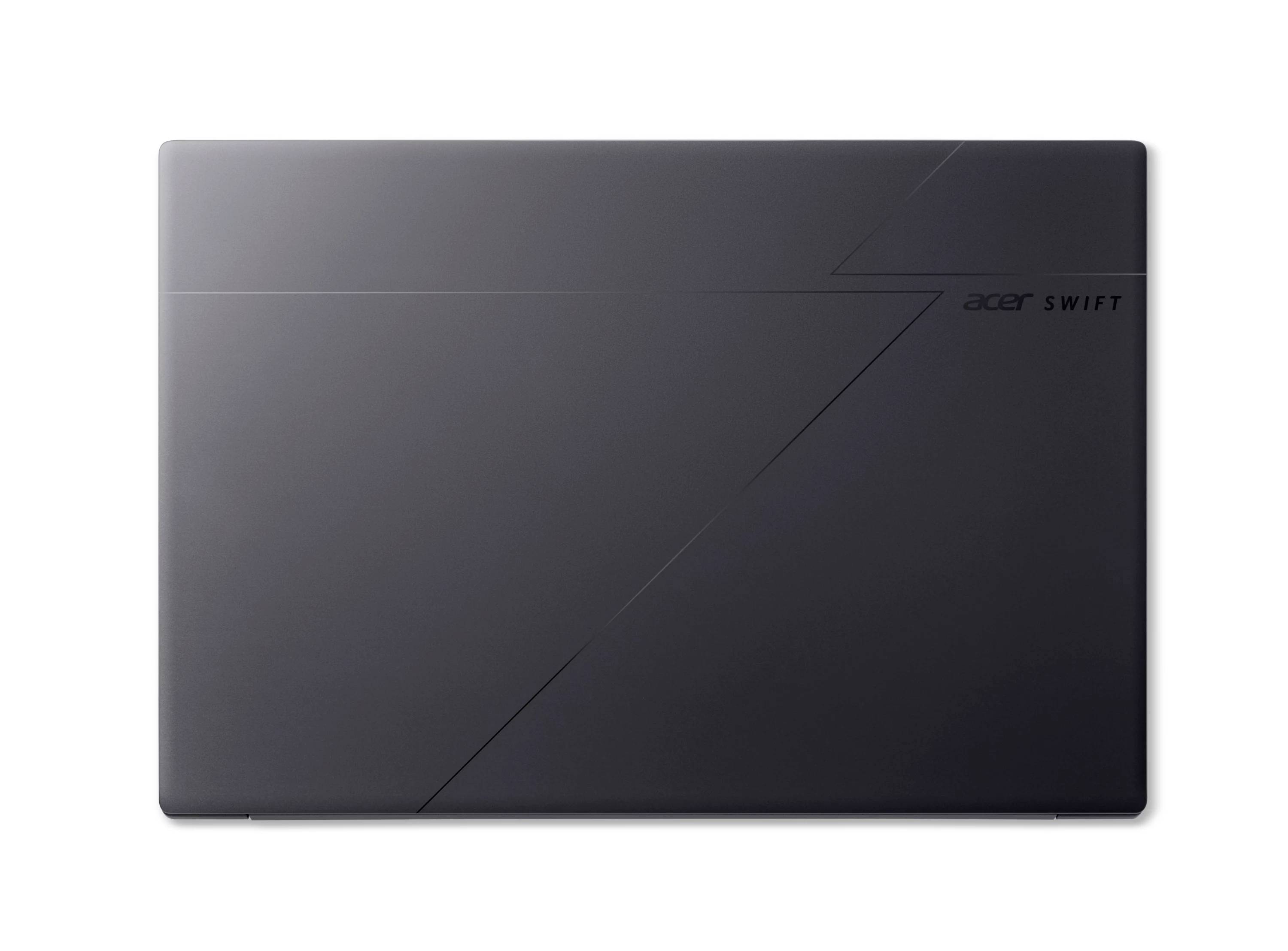 Geschlossener dunkelgrauer Acer Swift Laptop von oben auf weißem Hintergrund betrachtet.