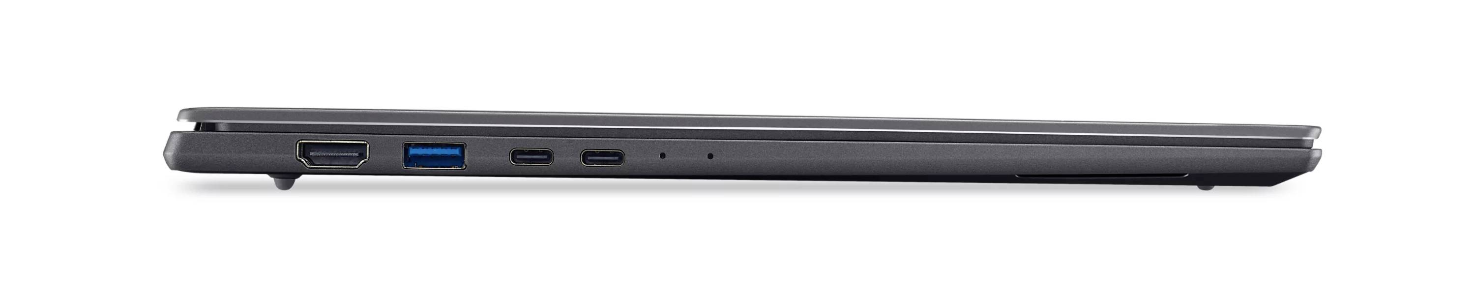 Seitenansicht eines geschlossenen silbernen Laptops mit schlankem Profil und Anschlüssen an der Kante.