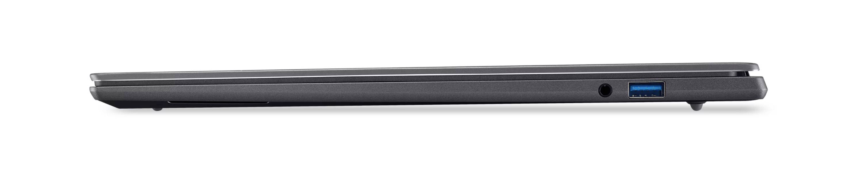 Seitenansicht eines geschlossenen silbernen Laptops mit schlankem Profil, USB-Anschluss und einem kleinen Anschluss auf der rechten Seite.