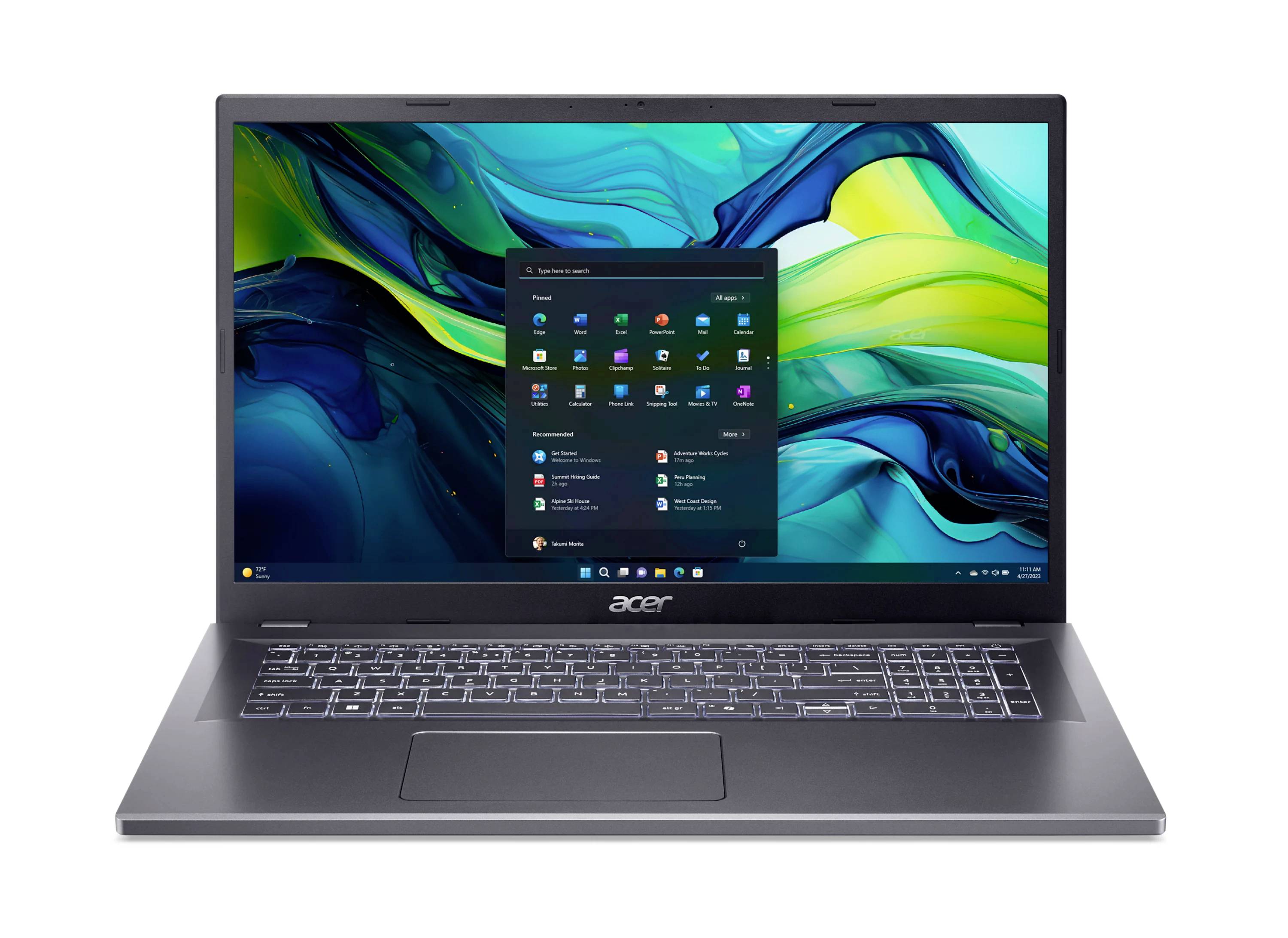 Acer-Laptop auf weißem Hintergrund offen, zeigt einen Windows-Desktop mit dem Startmenü in der Bildschirmmitte.