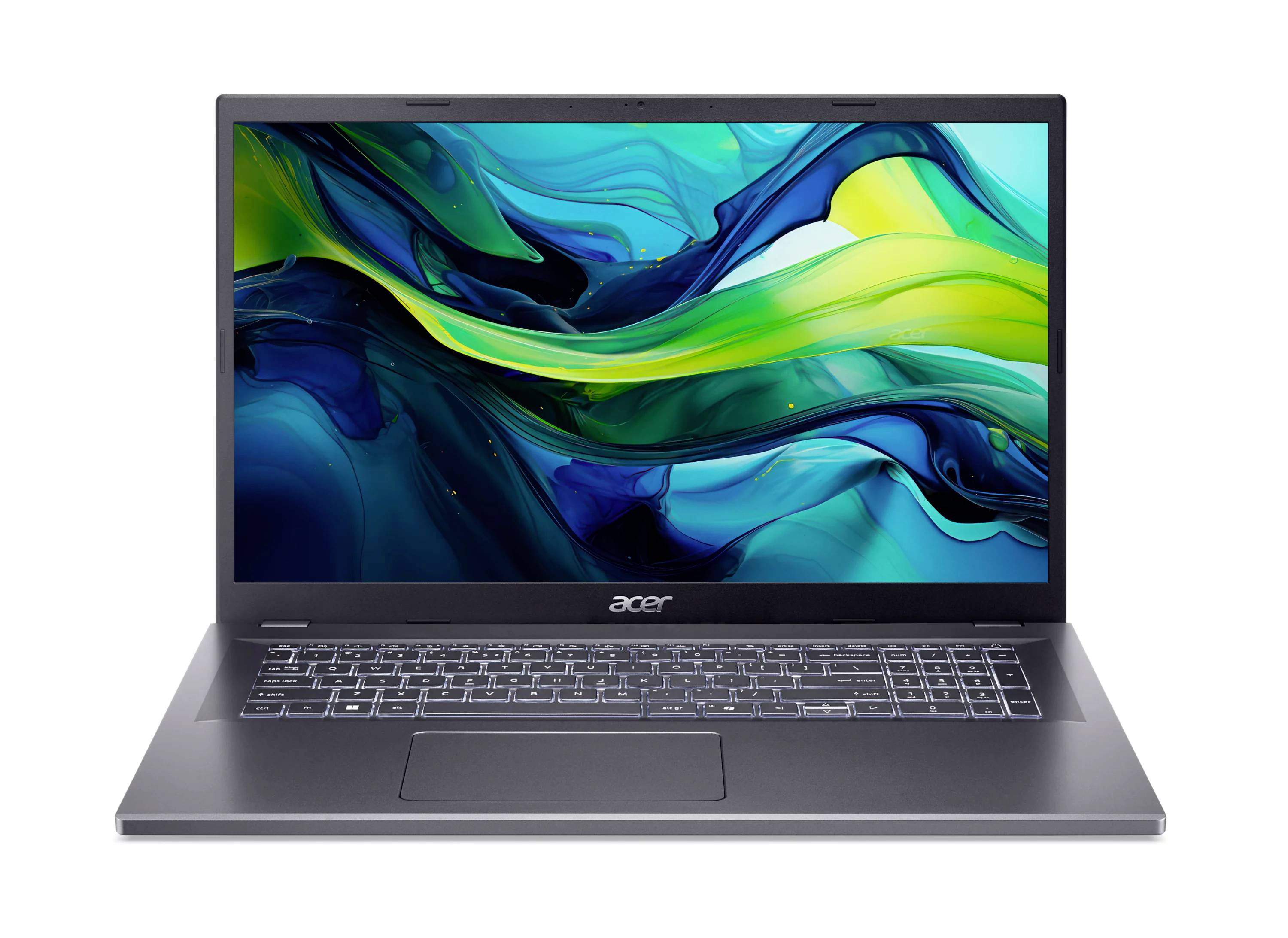 Offener Acer-Laptop mit abstrakter blau, grün und gelb gefärbter Hintergrund auf dem Bildschirm angezeigt.