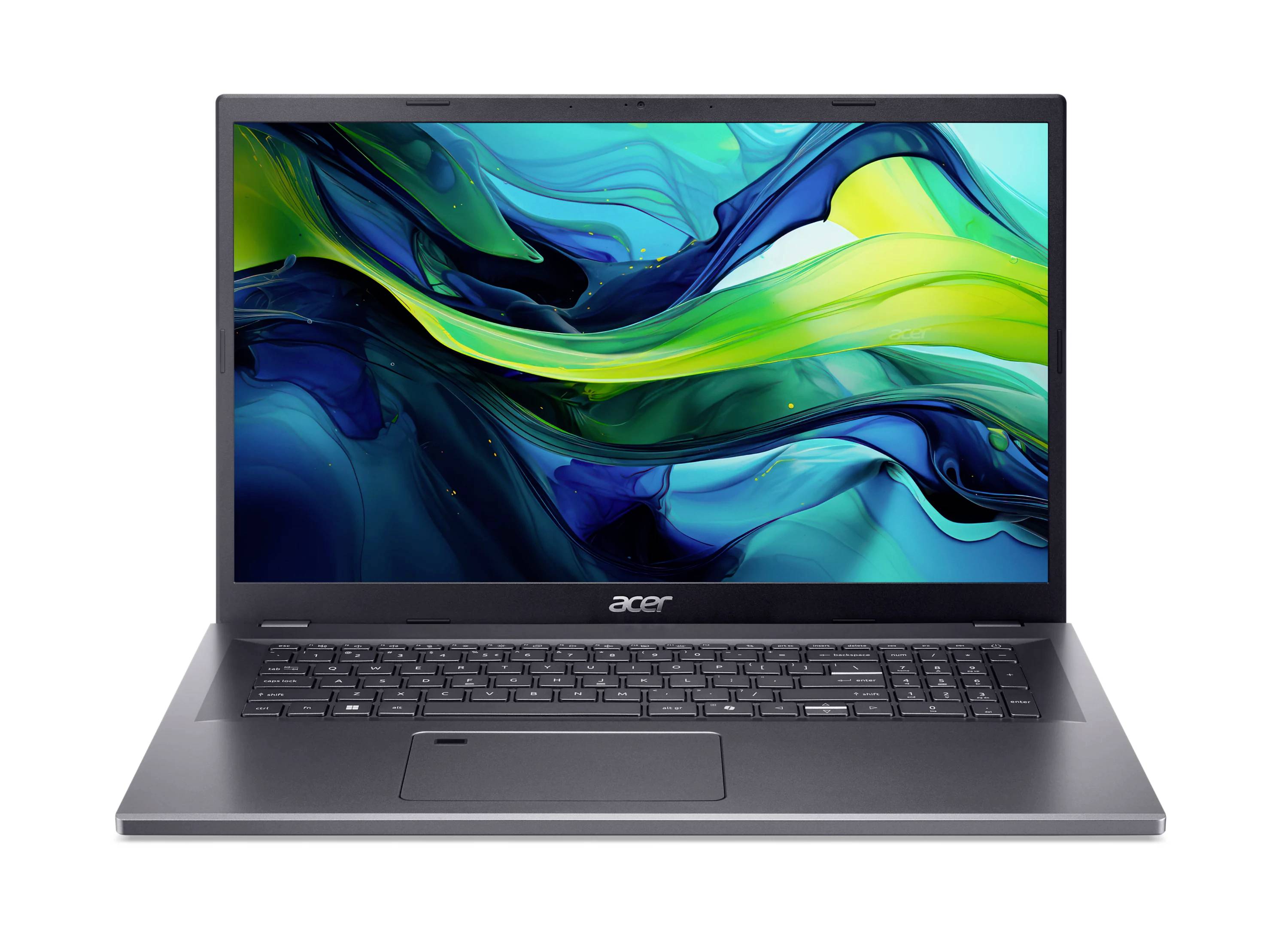 Acer-Laptop mit dunkelgrauem Gehäuse und farbenfrohem abstraktem Hintergrundbild auf dem Bildschirm, aufgeklappt auf weißem Hintergrund dargestellt.