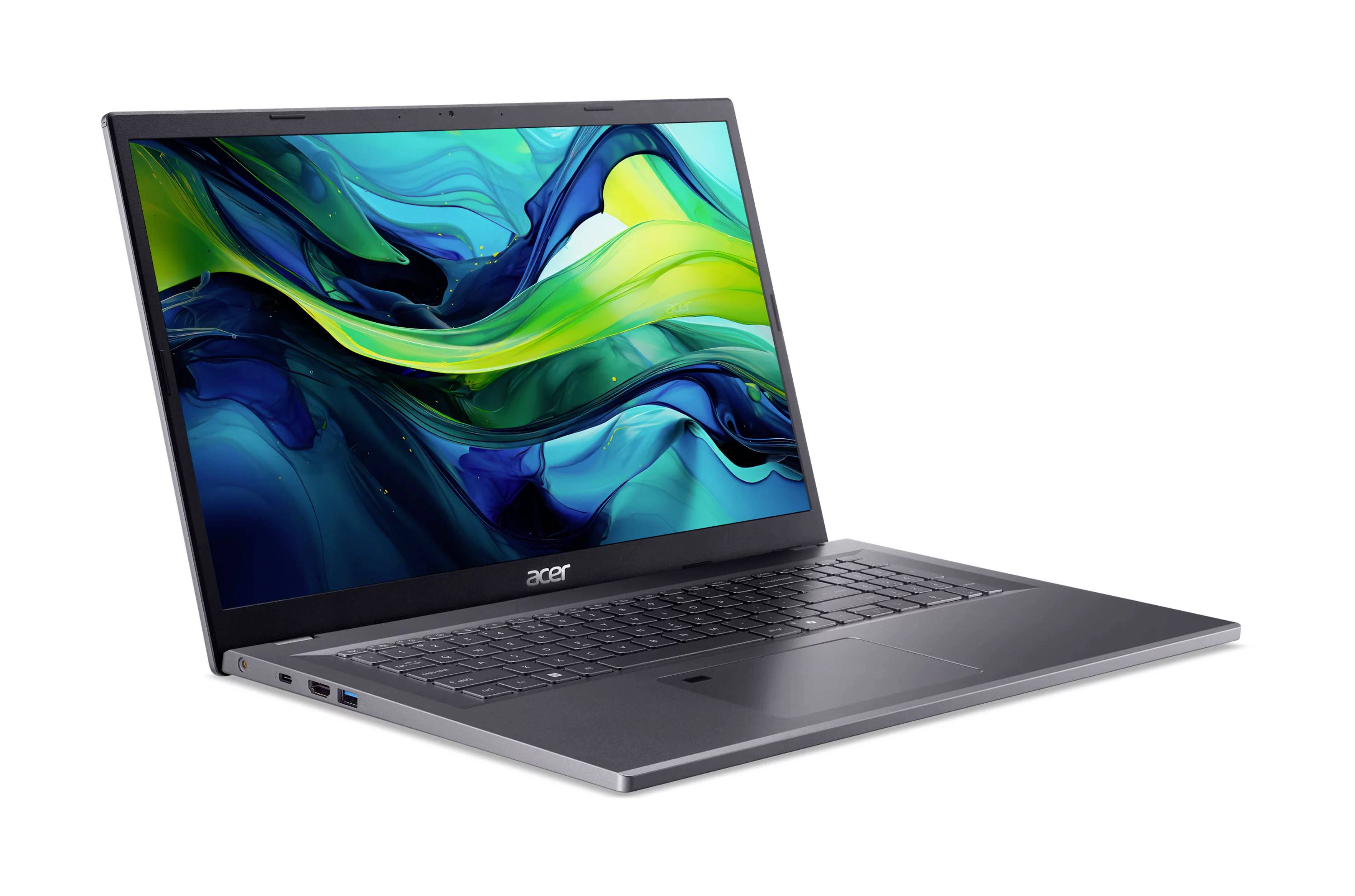 Acer-Laptop auf weißem Hintergrund geöffnet, zeigt ein farbenfrohe abstrakte Tapete auf dem Bildschirm.