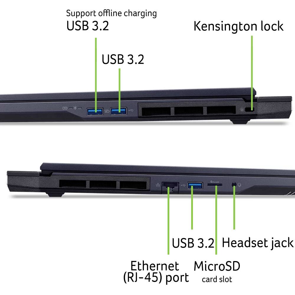 Laptop-Seitenansicht-Diagramm mit Beschriftung der Anschlüsse: USB 3.2, Ethernet (RJ-45), MicroSD-Kartensteckplatz, Kopfhörerbuchse und Kensington-Sicherheitsschloss, mit dem Vermerk „Unterstützt Offline-Laden".