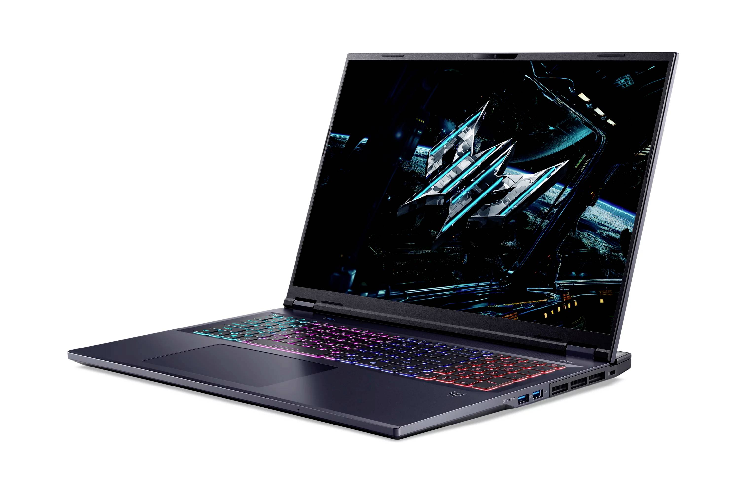 Gaming-Laptop mit RGB-Tastaturbeleuchtung und kantigem schwarzem Design auf weißem Hintergrund