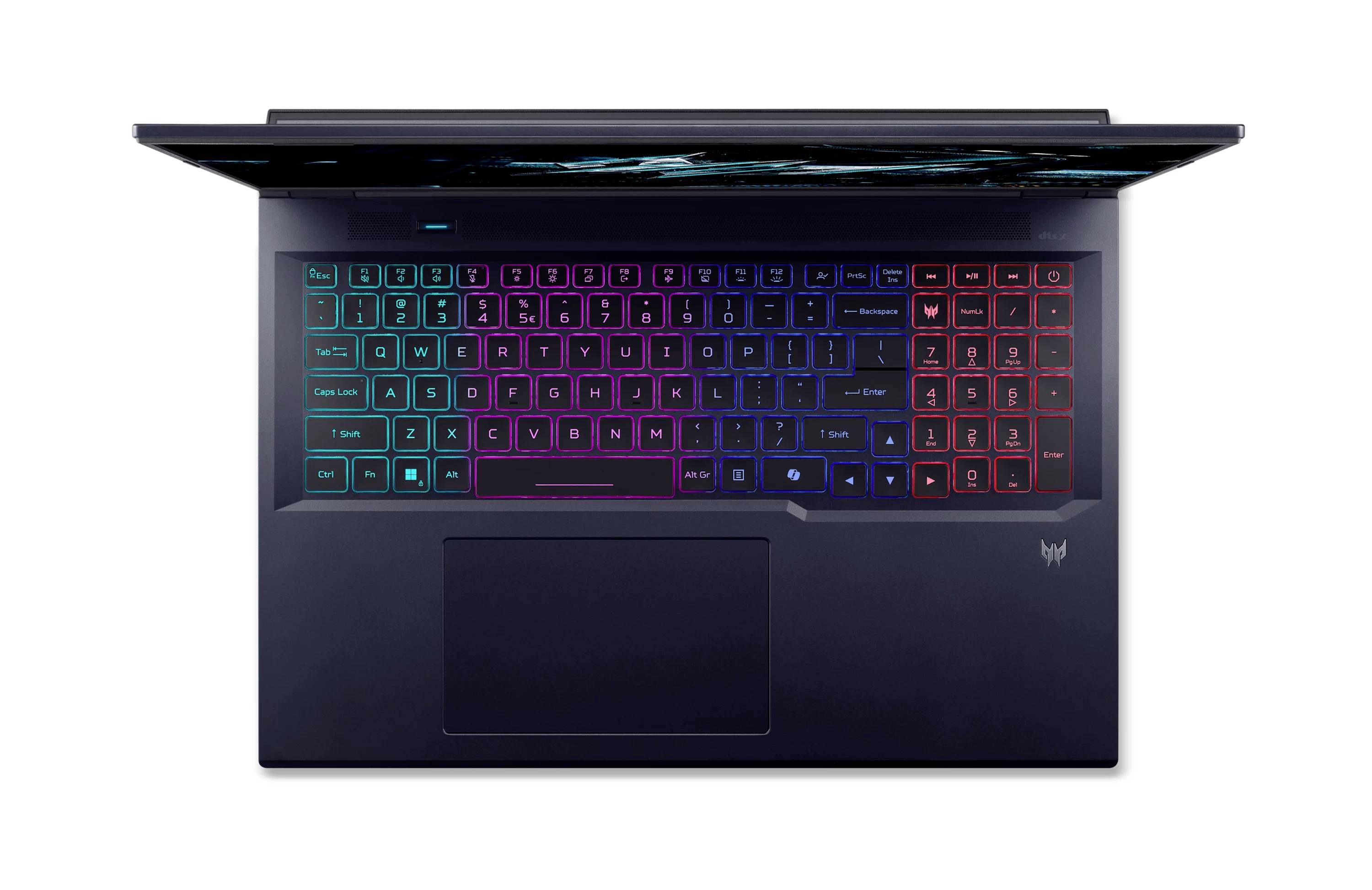 Draufsicht auf einen Gaming-Laptop mit aufgeklappter RGB-beleuchteter Tastatur, großem Touchpad und schlankem dunklem Gehäuse auf weißem Hintergrund.