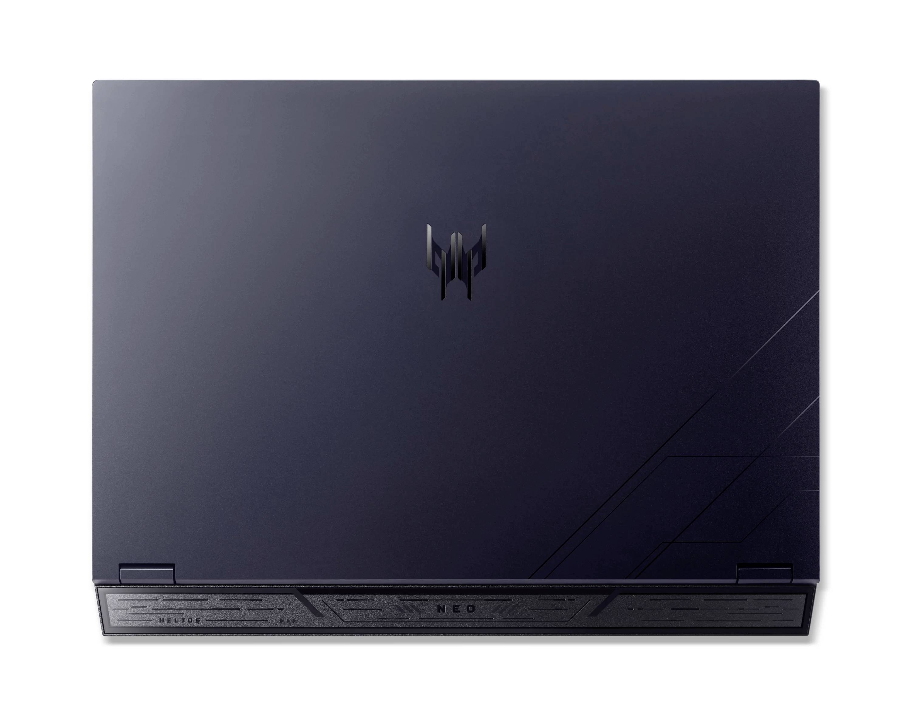 Geschlossener dunkler Acer Predator Laptop mit dem Predator-Logo in der Mitte und "NEO"-Branding auf der vorderen Kante, auf weißem Hintergrund gezeigt