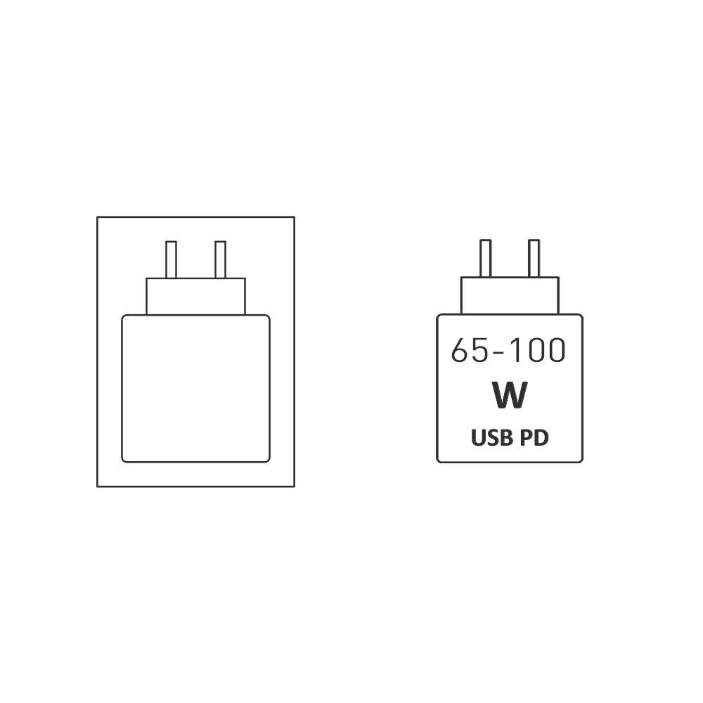 Vergleich eines einfachen Ladegerät-Symbols und eines beschrifteten USB-C-Netzteils mit der Kennzeichnung „65-100 W USB PD".