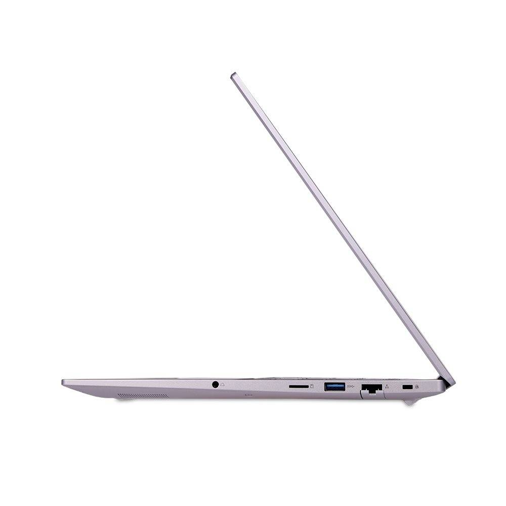 Seitenansicht eines geöffneten Laptops mit dünnem Profil, das Anschlüsse entlang der unteren Kante zeigt.