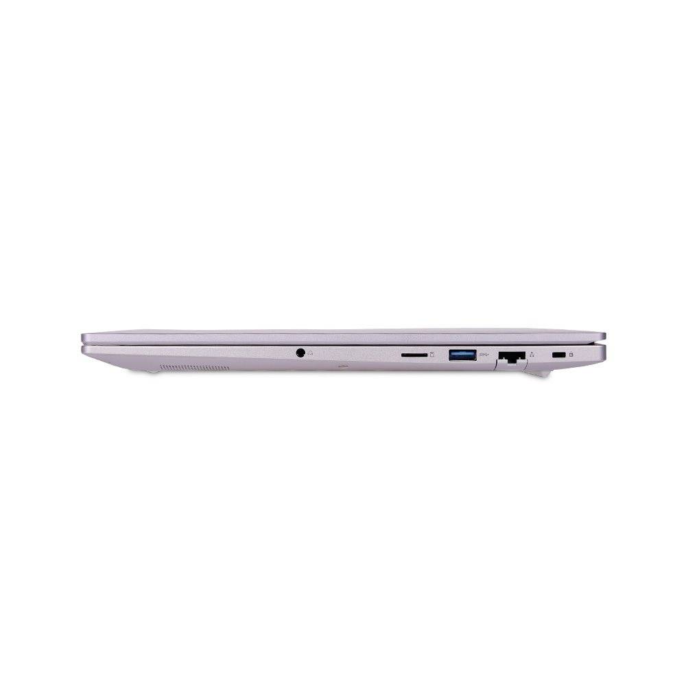 Seitenansicht eines silbernen Laptops, die sein schlankes Profil und die Anschlüsse auf der linken Seite zeigt, einschließlich Audiobuchse, USB, Ethernet und Kartensteckplätze.