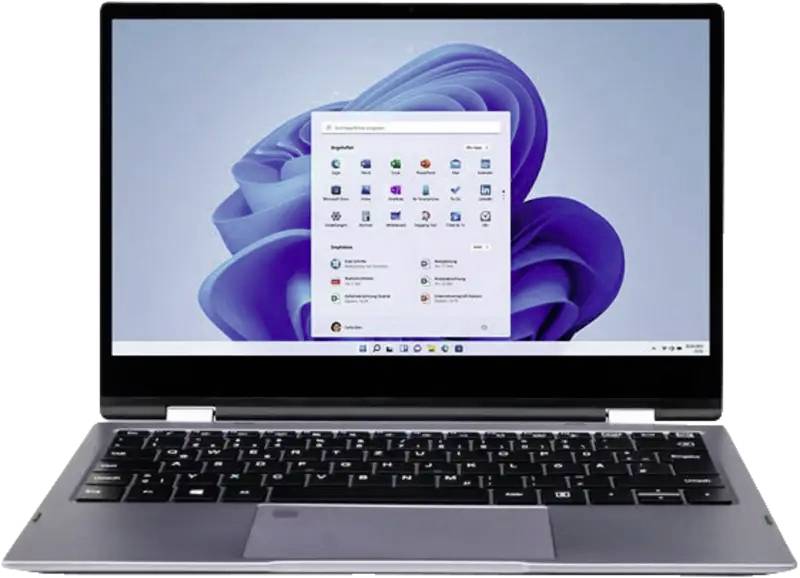Ein Laptop zeigt den Windows 11-Desktop mit dem geöffneten Startmenü über einer abstrakten violetten Tapete an.
