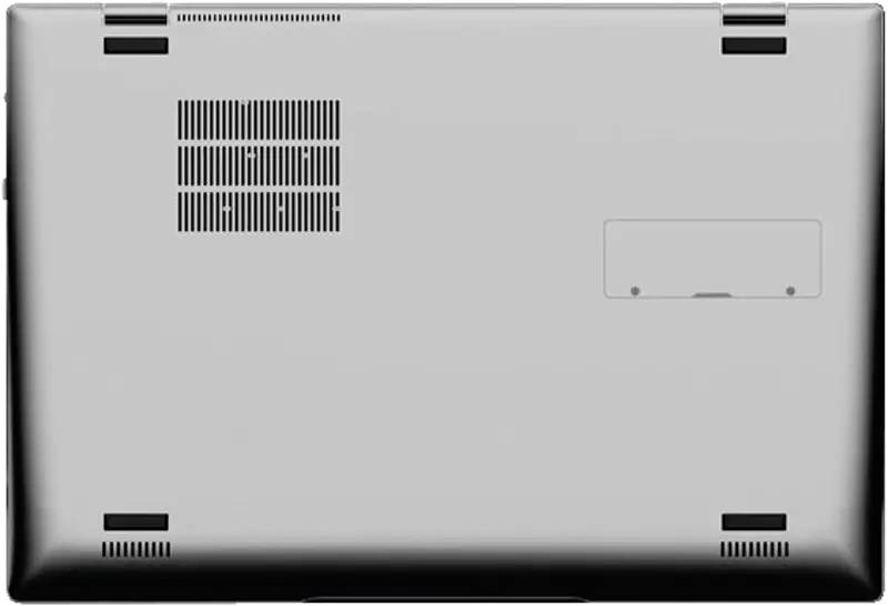 Unteransicht eines silbernen Laptops mit Belüftungsgittern, Gummifüßen und einer abnehmbaren Zugangsblende.