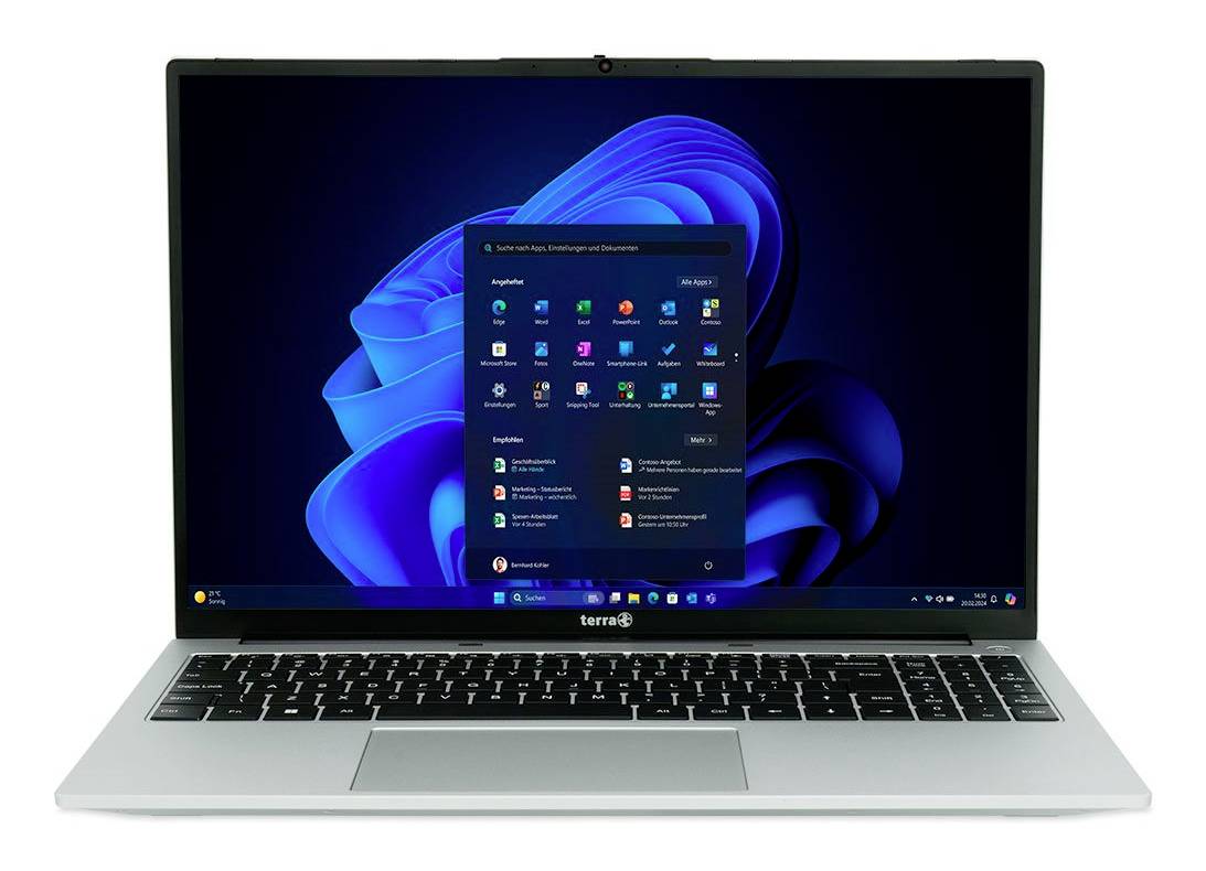Silberner Laptop, der den Windows 11-Desktop mit geöffnetem Startmenü auf blauem abstraktem Hintergrundbild zeigt.