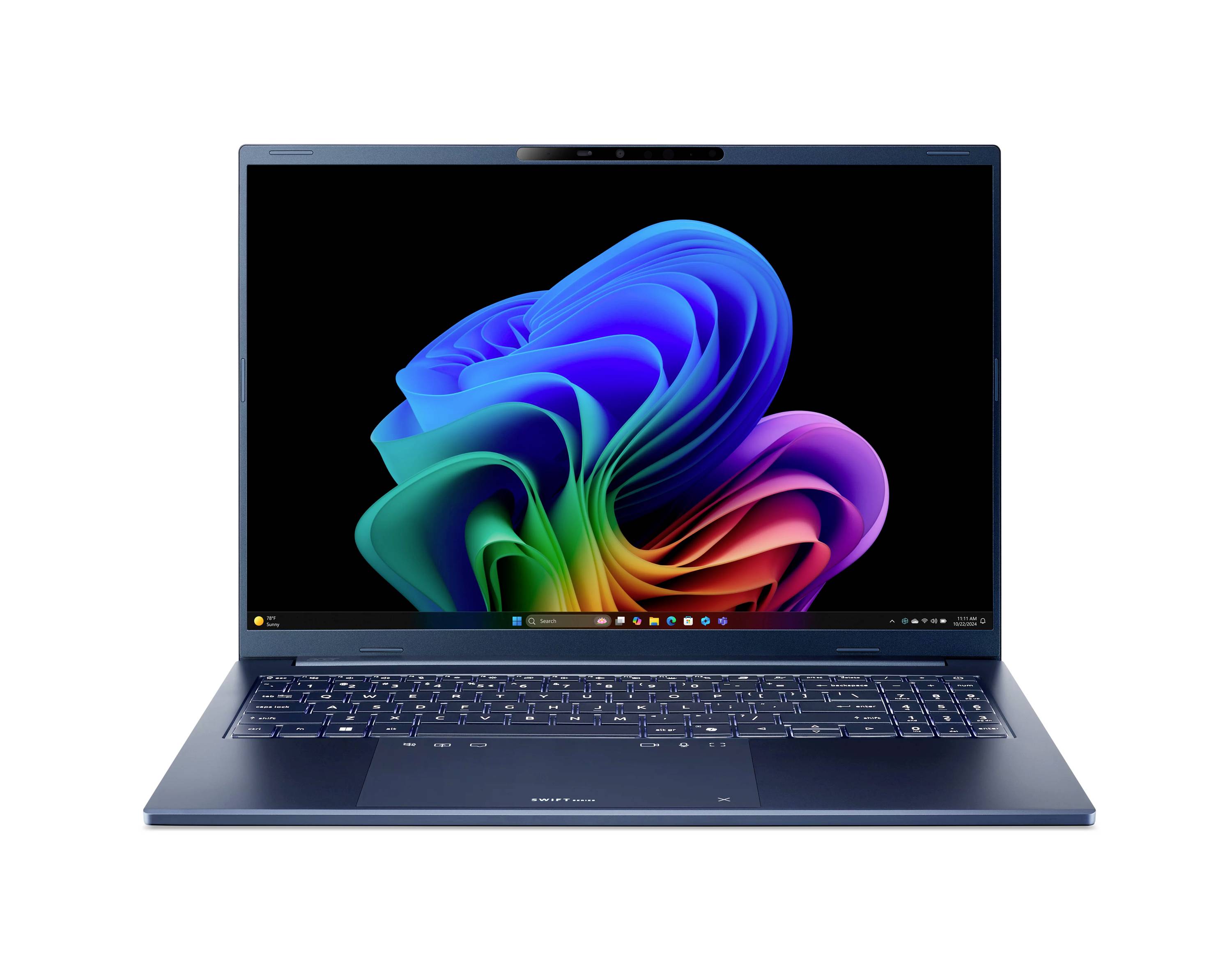 Laptop mit blauem Gehäuse, auf dem Bildschirm eine farbenfrohe abstrakte Windows-ähnliche Hintergrundillustration angezeigt.