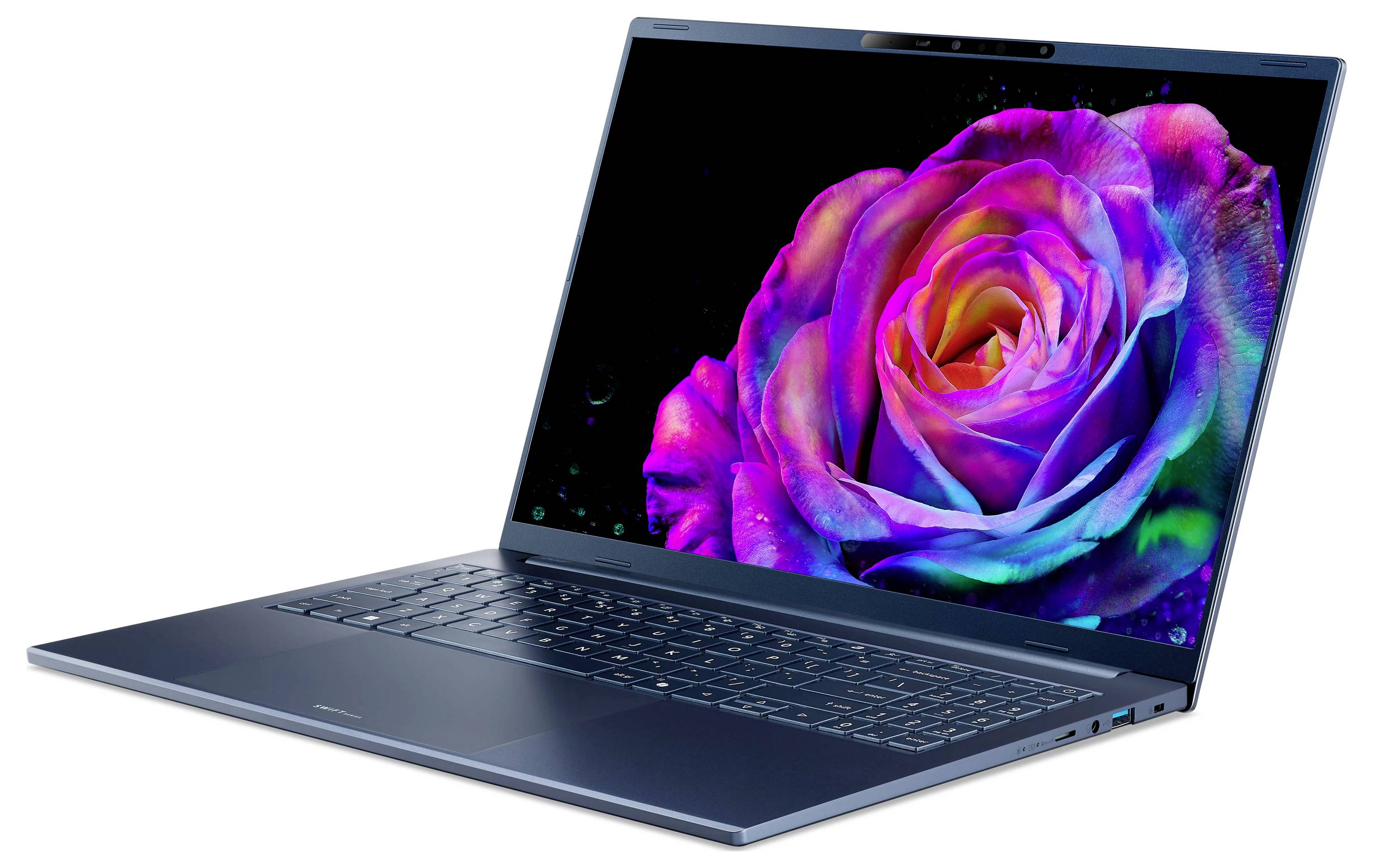 Laptop mit einer lebendigen mehrfarbigen Rose auf dem Bildschirm, in einem Winkel auf weißem Hintergrund angezeigt.
