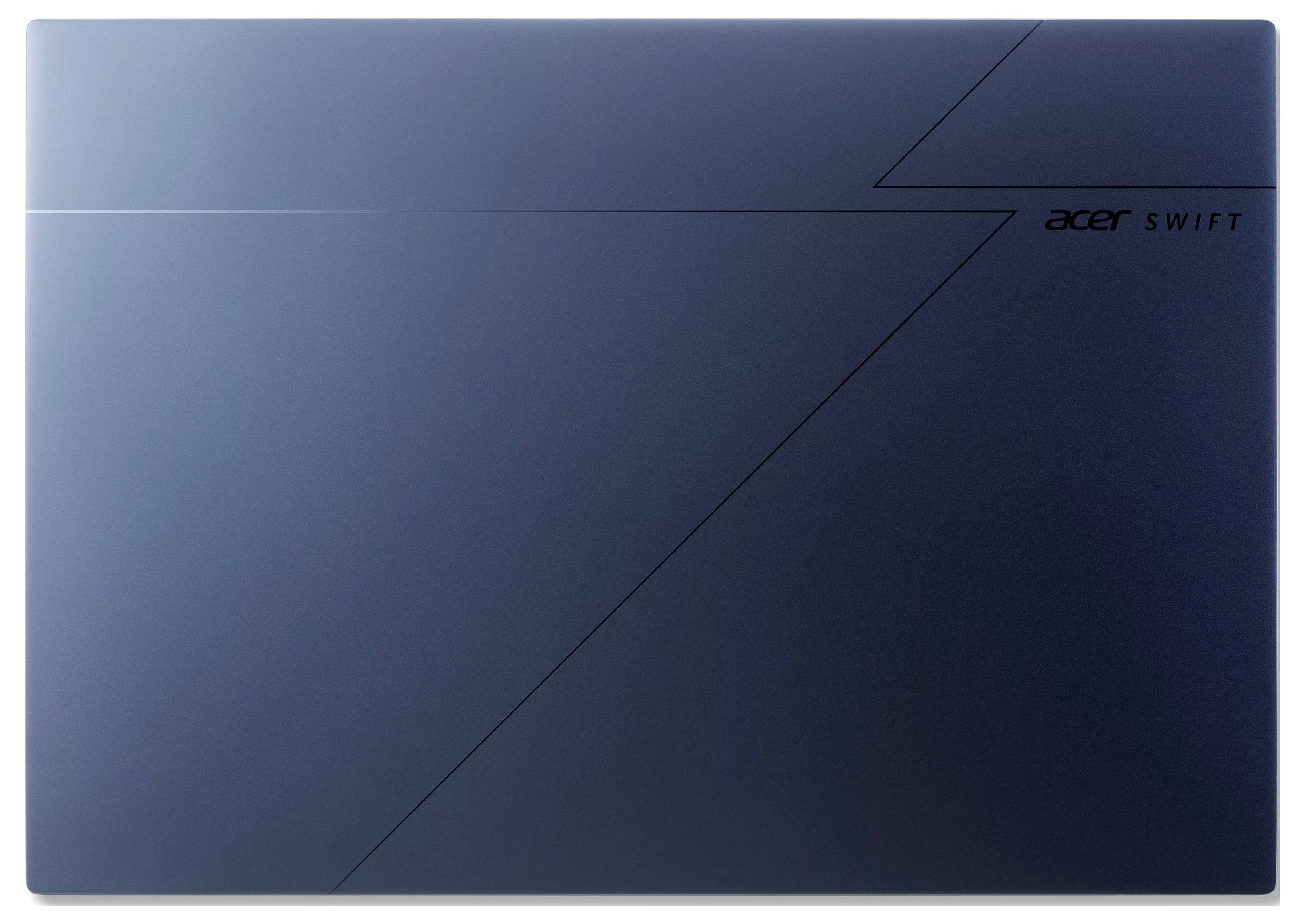 Geschlossenes dunkelblau Acer Swift Laptop mit feinem diagonalen Liniendesign und "acer swift" Branding in der oberen rechten Ecke.