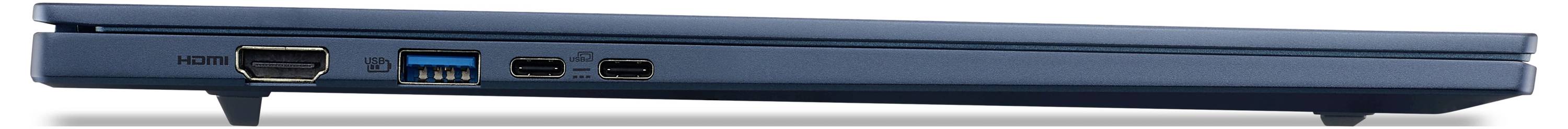 Seitenansicht der linken Kante eines blauen Laptops mit HDMI-Anschluss, USB-Anschluss und Ladestecker.