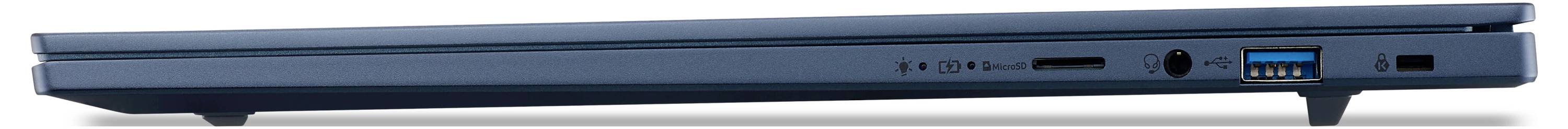 Seitenansicht eines geschlossenen blauen Laptops, die sein schlankes Profil, die Anschlüsse und den offenen USB-Anschluss auf der rechten Seite zeigt.