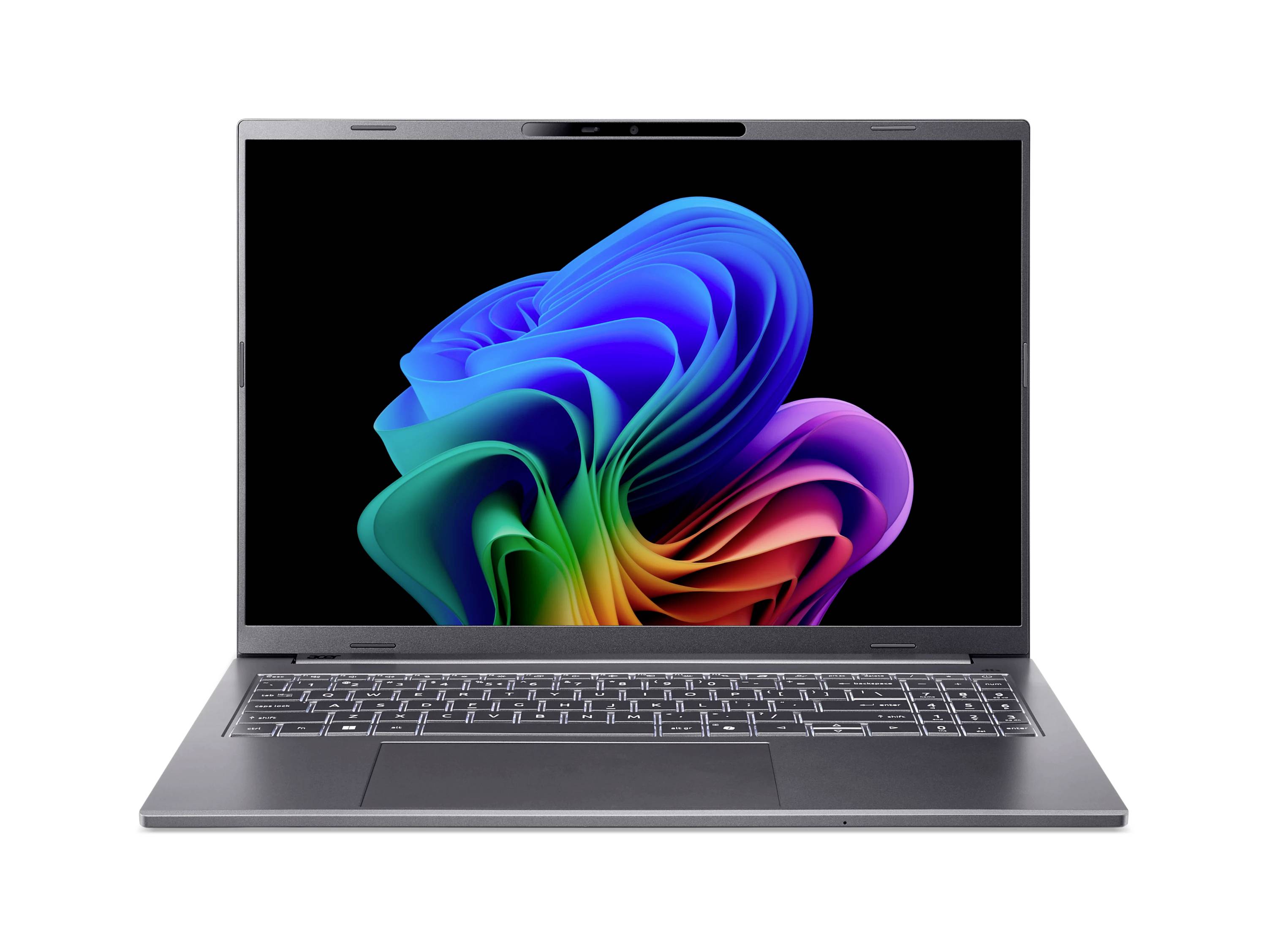 Ein grauer Laptop, der auf weißem Hintergrund aufgeklappt ist und zeigt ein buntes abstraktes Wirbelmuster auf dem Bildschirm.