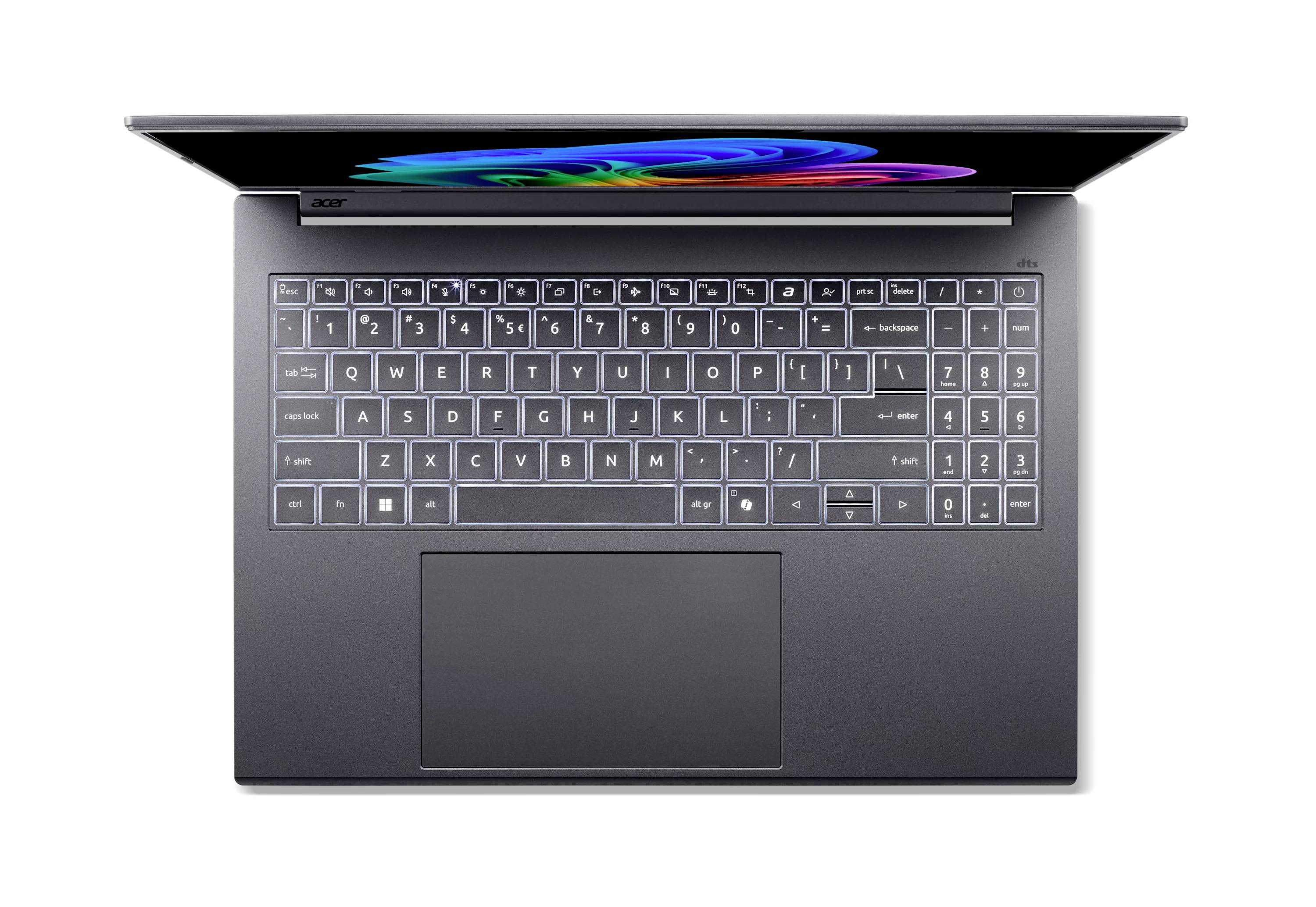 Laptop von oben betrachtet mit teilweise geöffnetem Bildschirm, der ein farbenfohes abstraktes Display zeigt, und einer vollständigen Tastatur mit großem Touchpad.