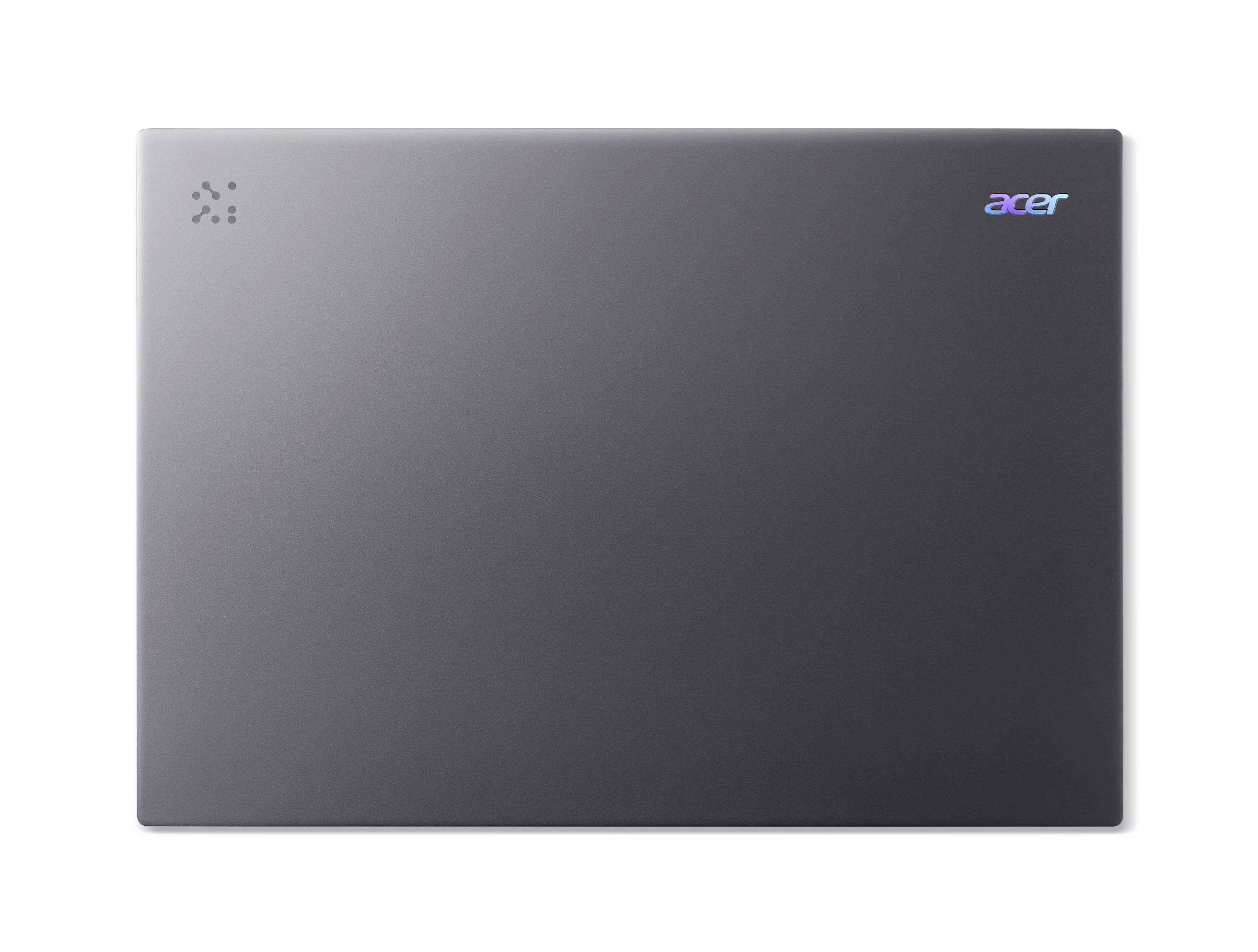 Geschlossener dunkelgrauer Acer-Laptop von oben auf weißem Hintergrund fotografiert, zeigt den Deckel mit Acer-Logo.