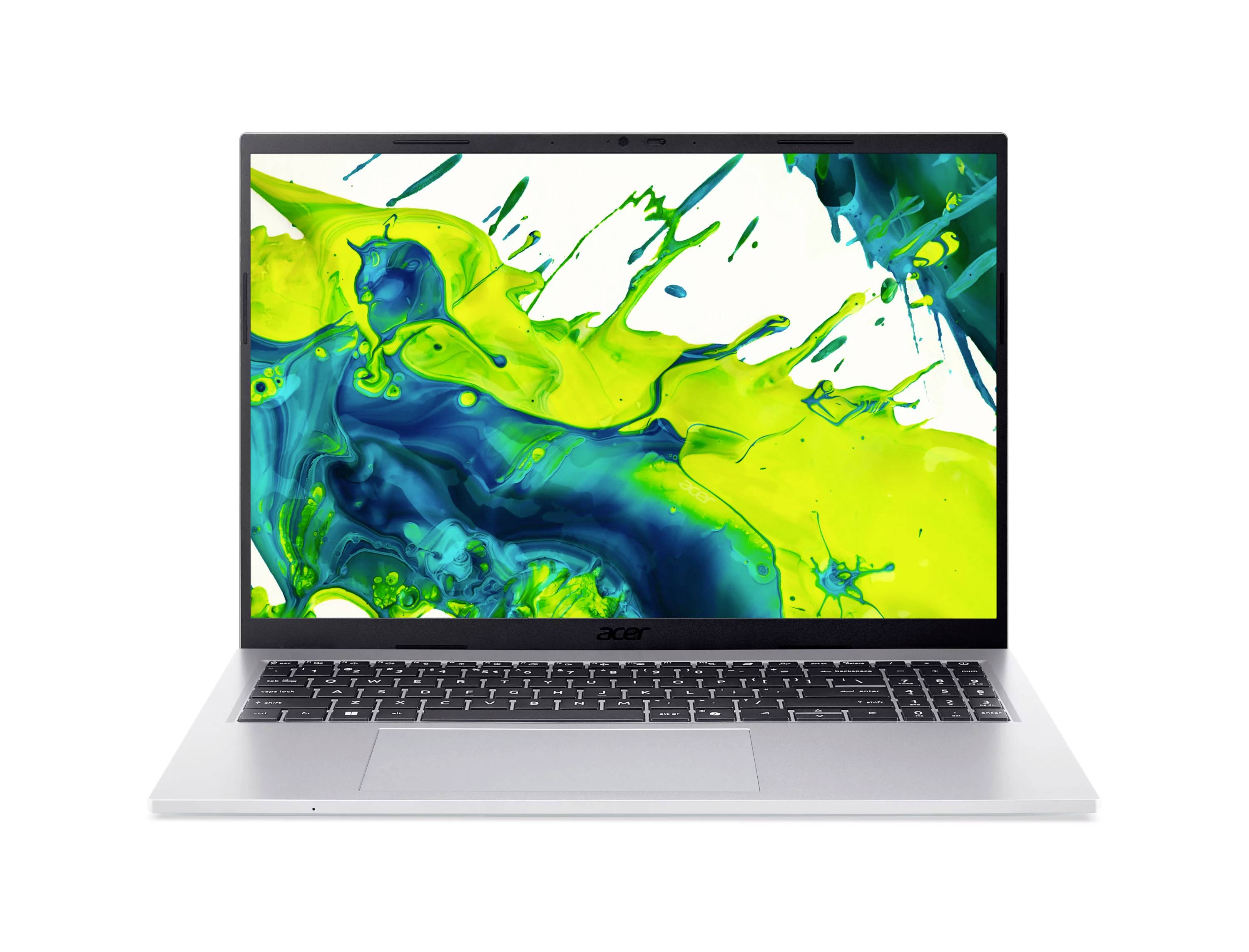 Silberner Laptop mit einem farbenfrohen blauen und neongrünen abstrakten Spritzer auf dem Bildschirm, Frontalansicht auf weißem Hintergrund.
