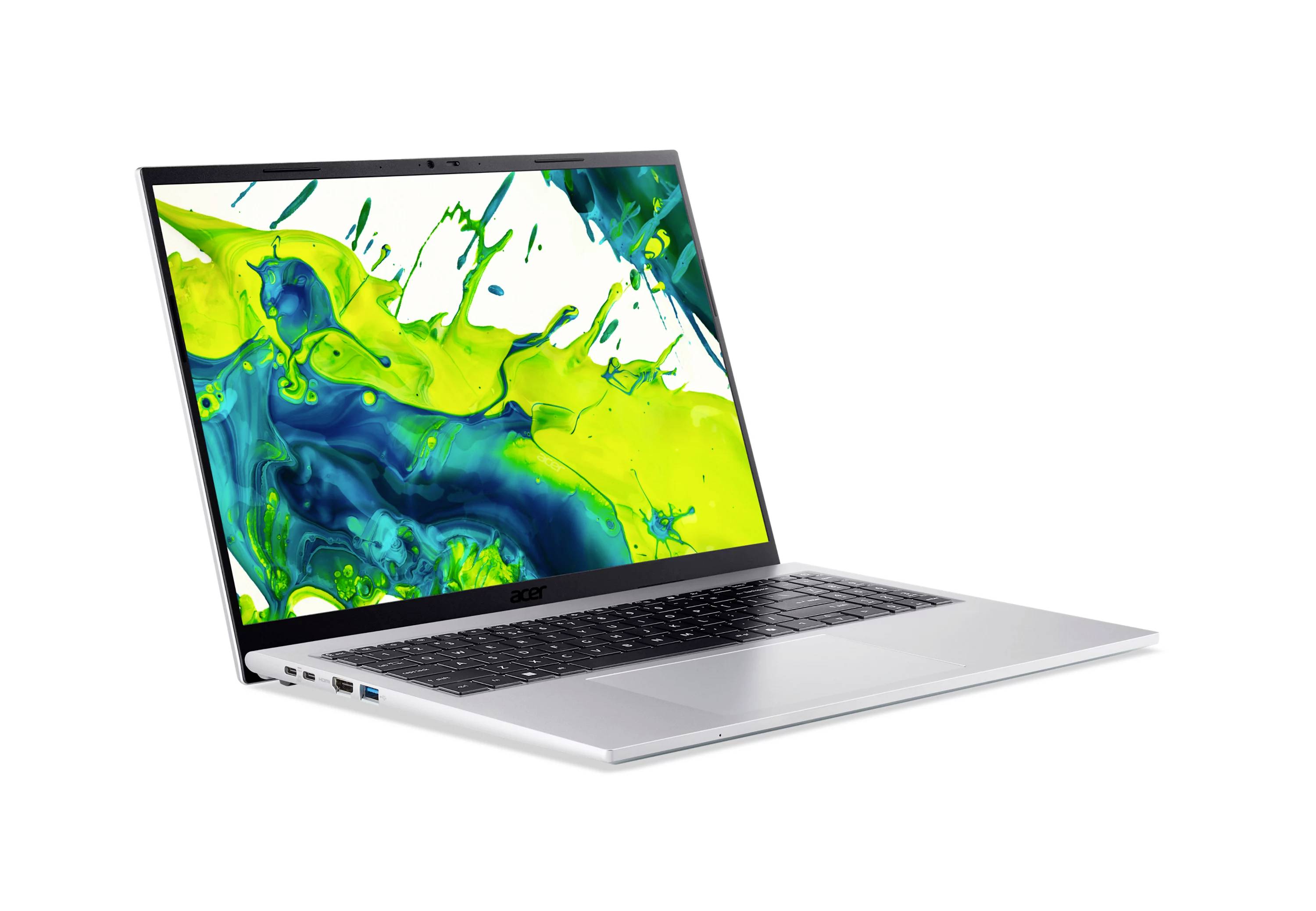 Silberner Laptop, der in einem Winkel geöffnet gezeigt wird, mit einem hellen abstrakten blau-grünen Spritzerbild auf dem Bildschirm.