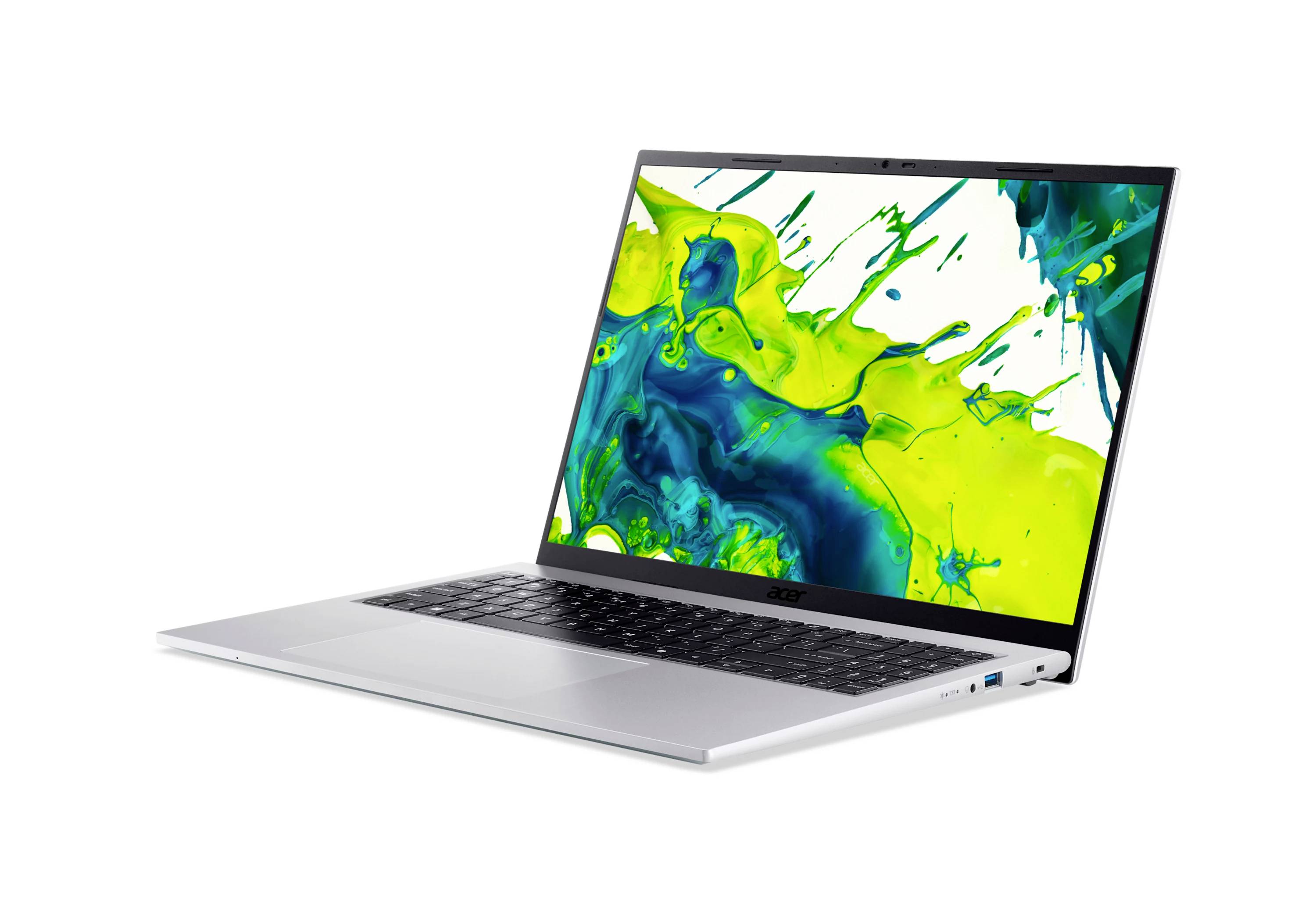 Silberner Laptop, geöffnet mit einem hellen abstrakten grün-blauen Spritzenmuster auf dem Bildschirm, dargestellt auf weißem Hintergrund.