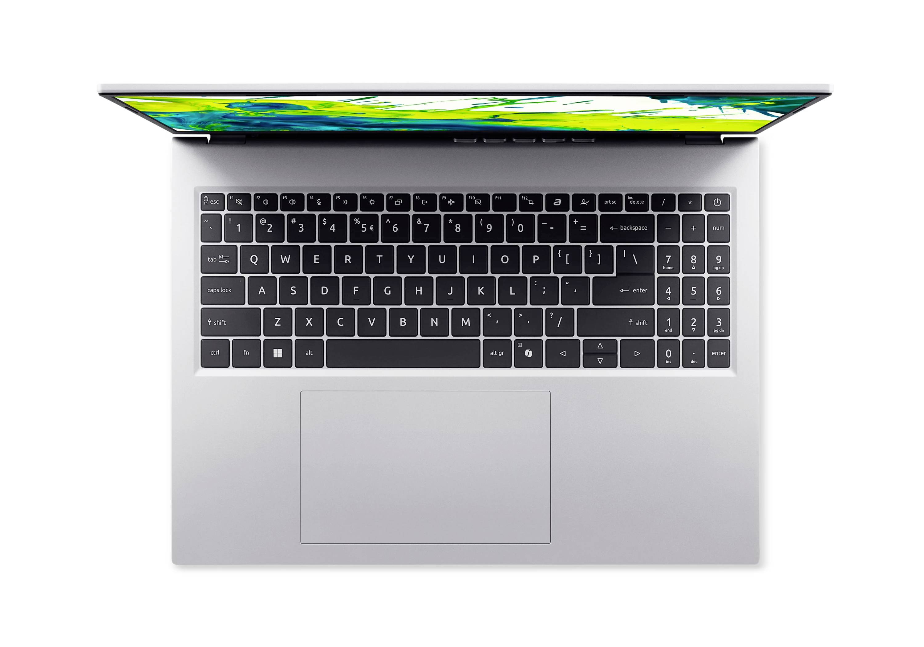 Draufsicht auf einen offenen silbernen Laptop mit schwarzer Tastatur und großem Trackpad auf weißem Hintergrund.