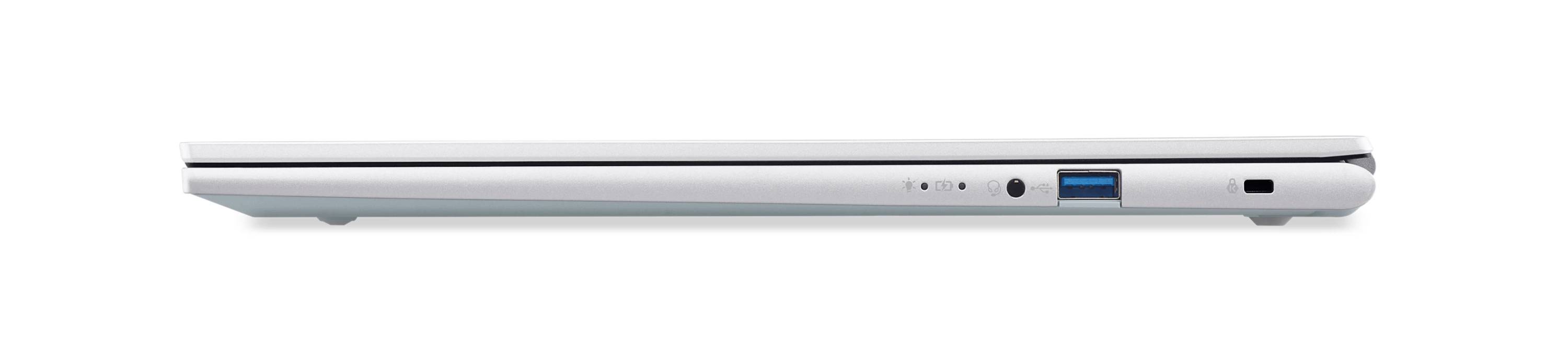 Seitenansicht eines silbernen Laptops, geschlossen und dünn dargestellt, mit sichtbaren Anschlüssen an der Kante.