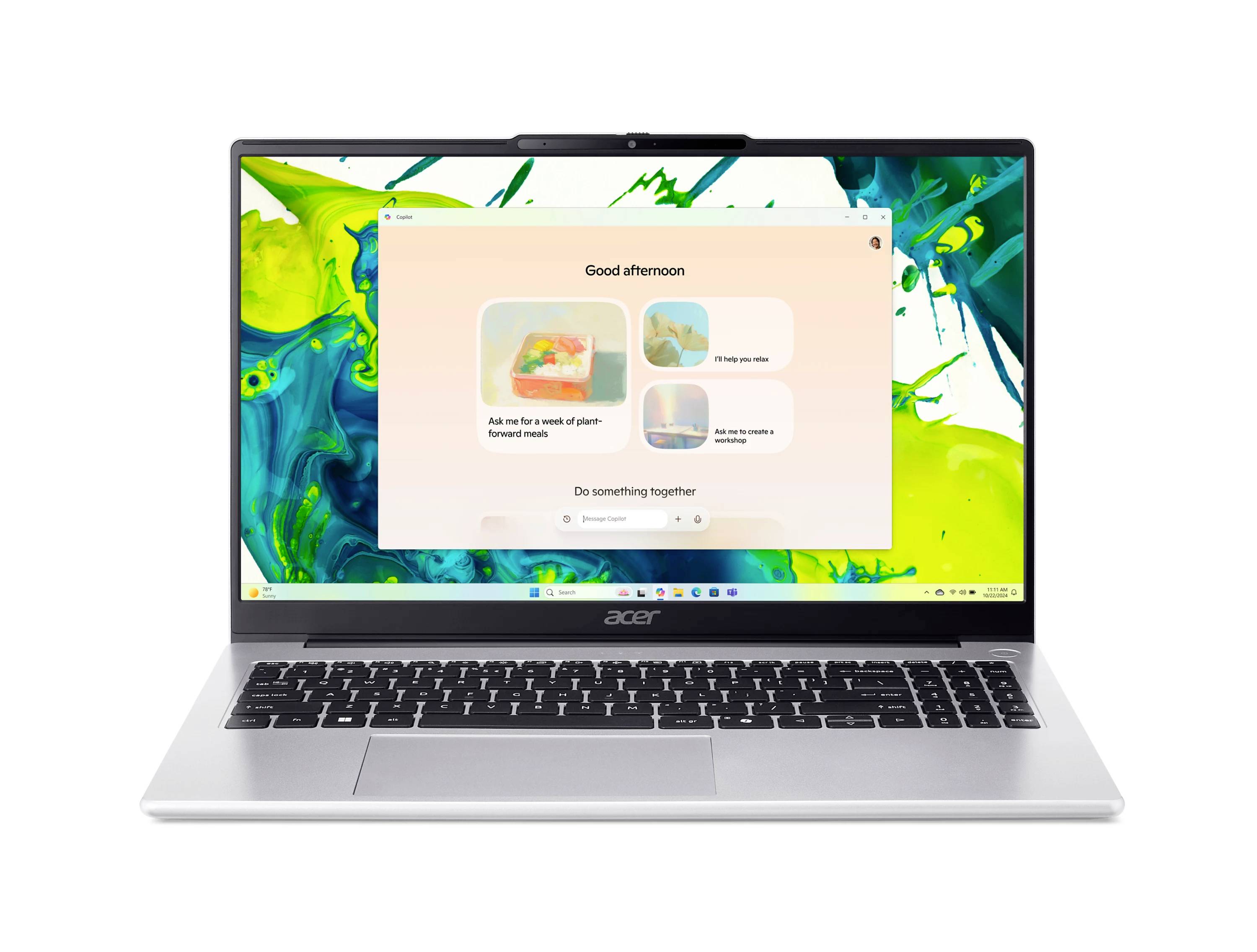 Ein Acer-Laptop zeigt eine helle abstrakte Hintergrundgrafik an und ein zentrales App-Fenster mit 