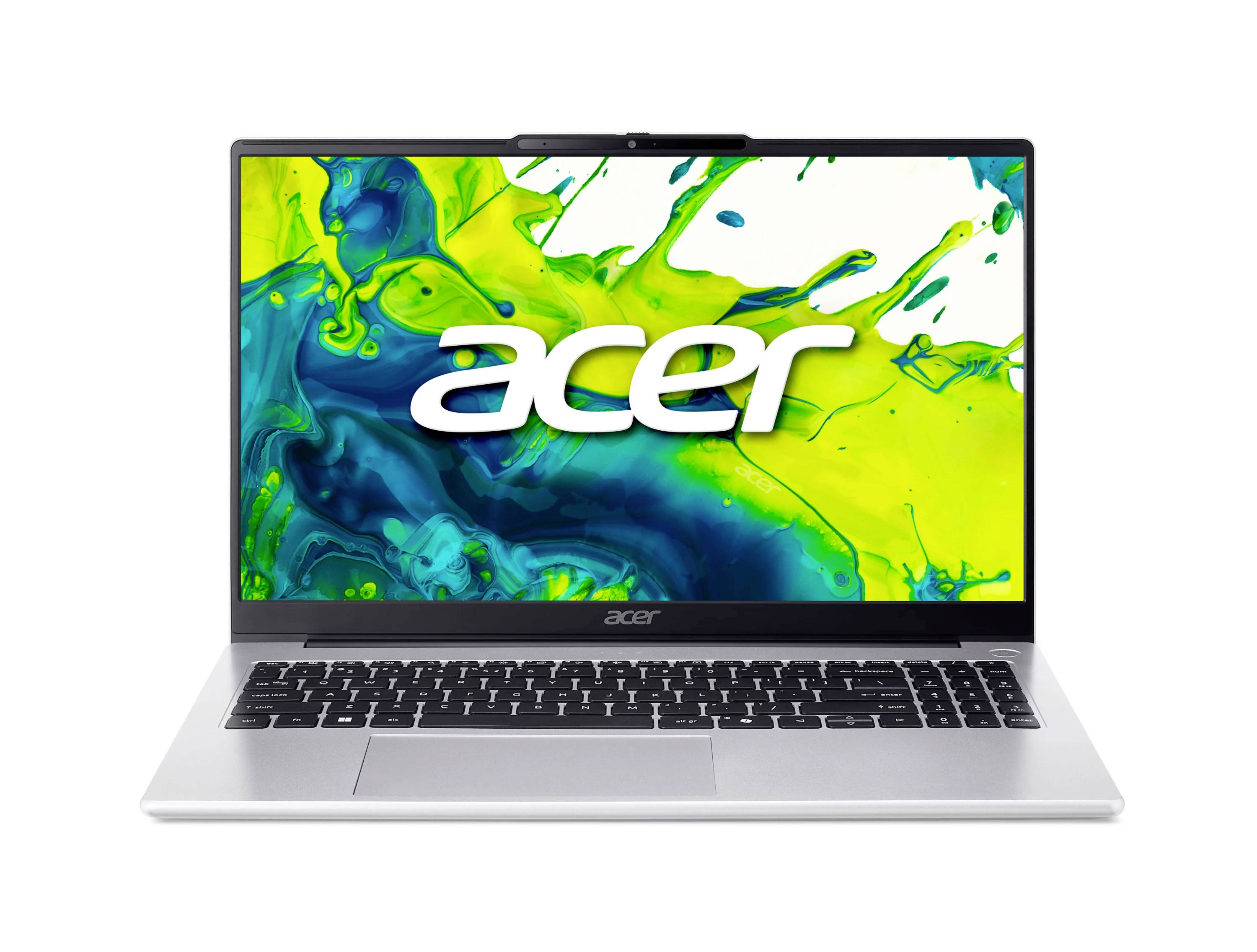 Acer-Laptop in Frontalansicht mit Bildschirm, auf dem das Acer-Logo auf einem grün und blau abstrakten Spritzer-Hintergrund angezeigt wird.