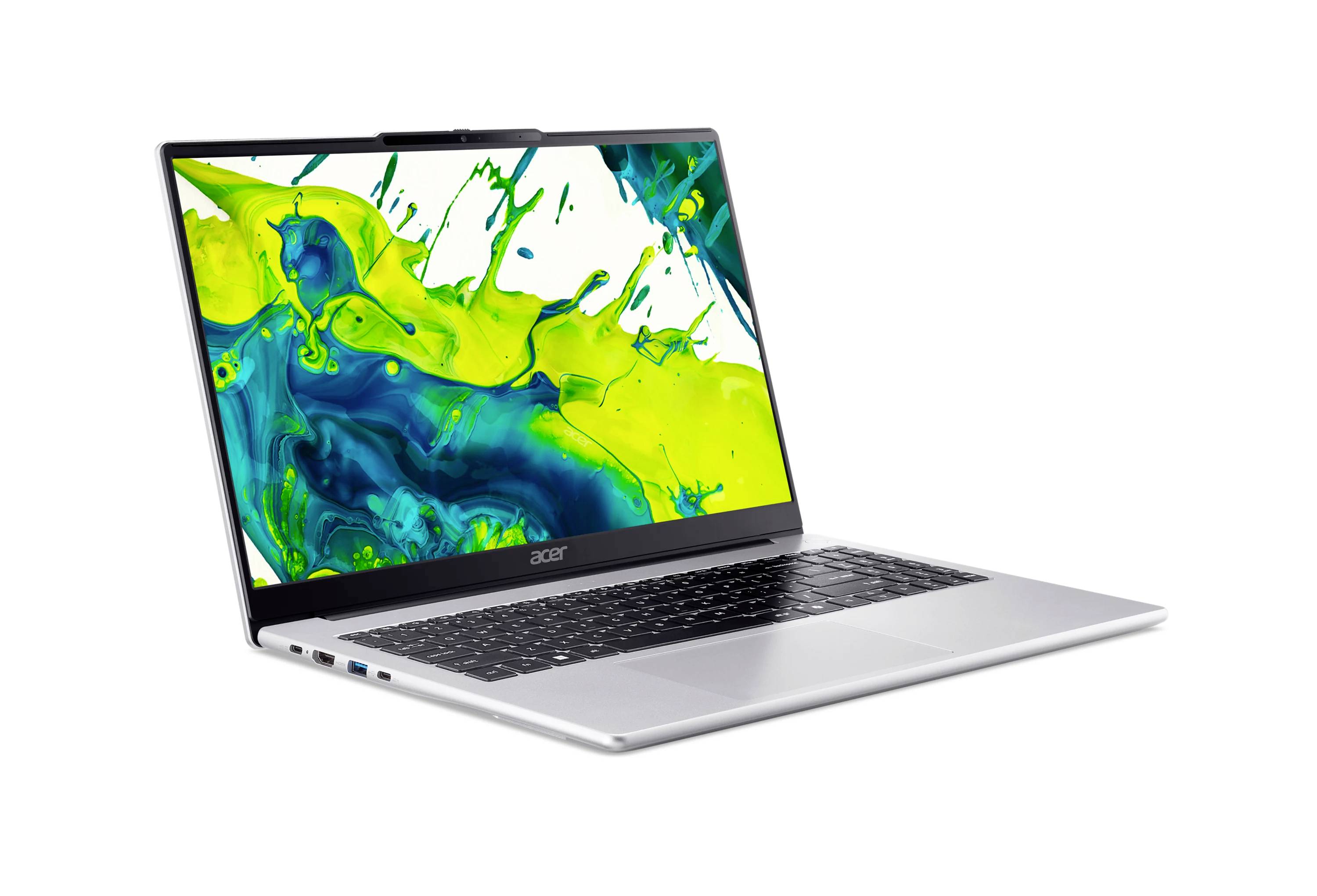 Silberner Acer-Laptop in schräger Position geöffnet, zeigt einen leuchtenden grünen und blauen abstrakten Spritzer auf dem Bildschirm.