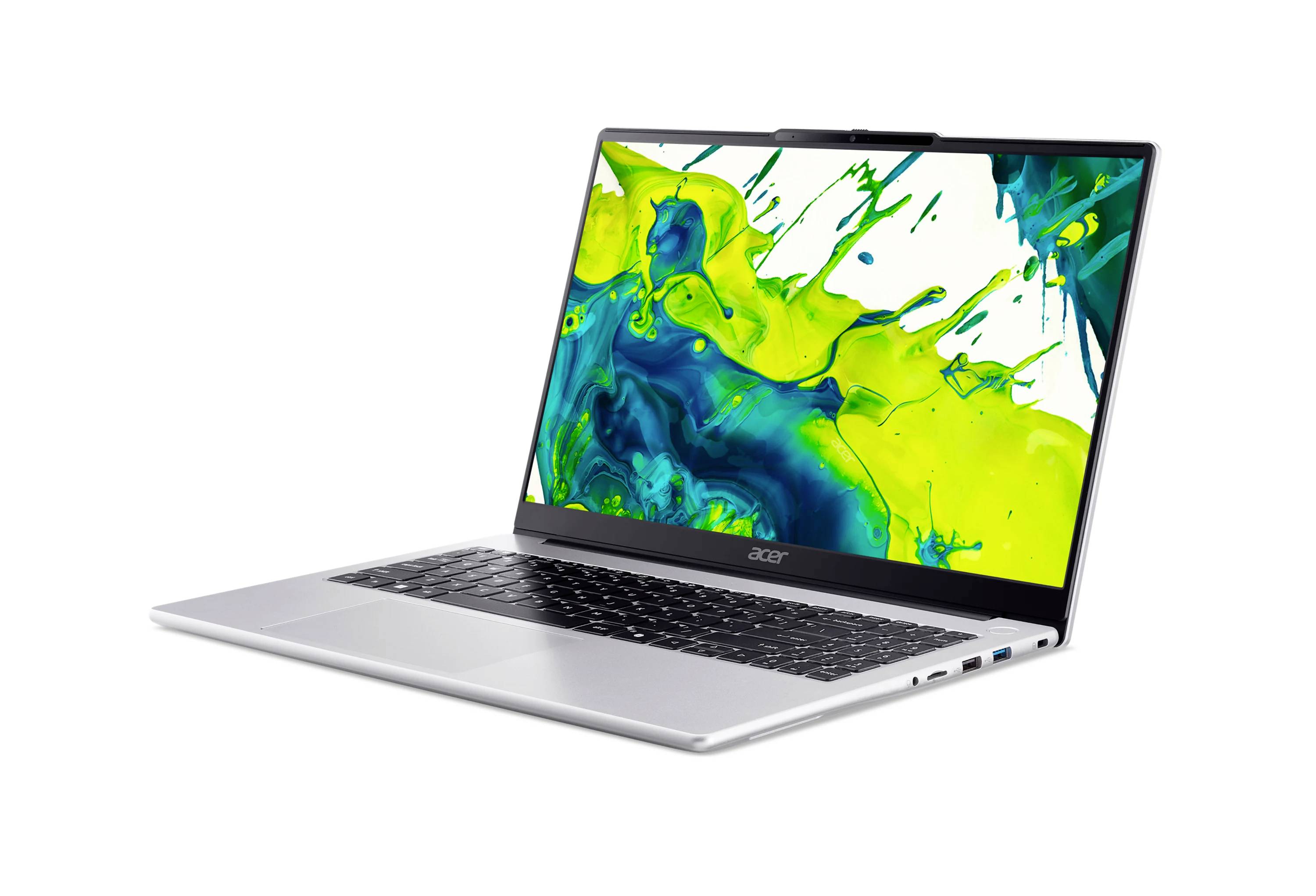 Silberner Acer-Laptop, offen auf weißem Hintergrund, zeigt ein lebendiges grünes und blaues abstraktes Display.