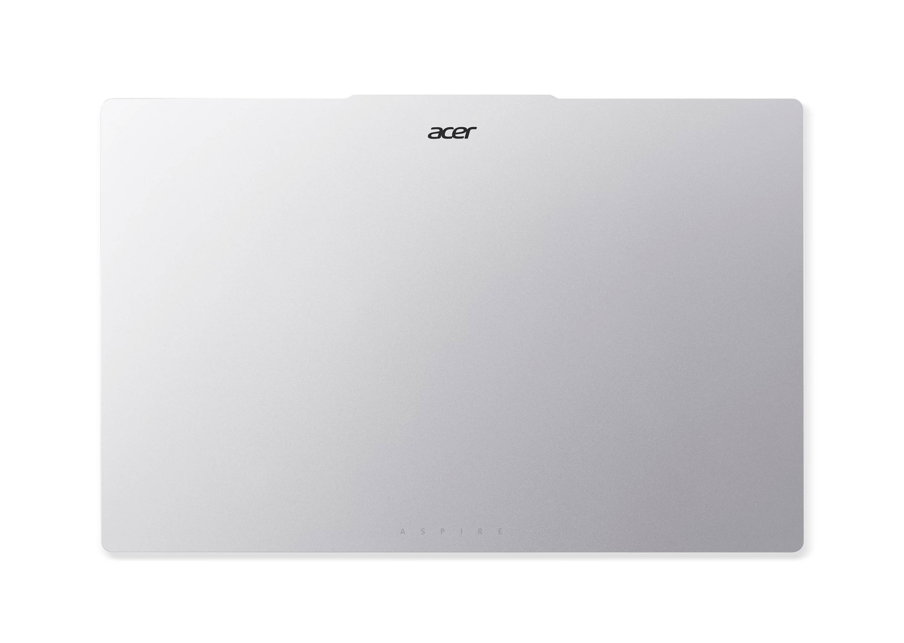 Geschlossener silberner Acer-Laptop von oben betrachtet, zentriert auf einem schlichten weißen Hintergrund.