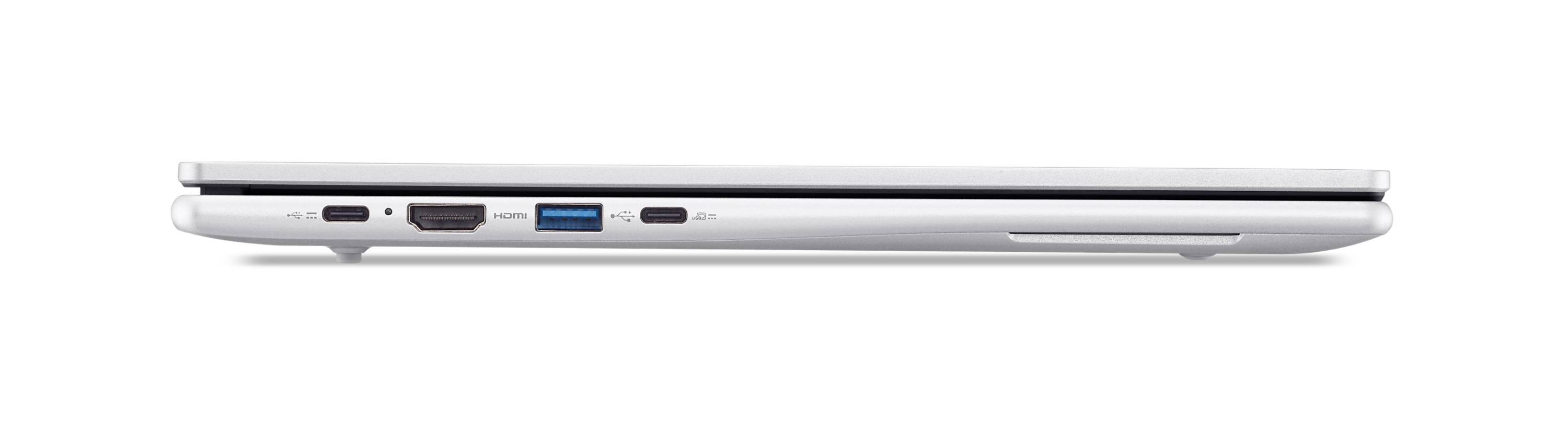 Seitenansicht eines silbernen Laptops, die sein dünnes Profil und die Anschlüsse auf der linken Seite zeigt, einschließlich USB, HDMI und Stromverbindungen.