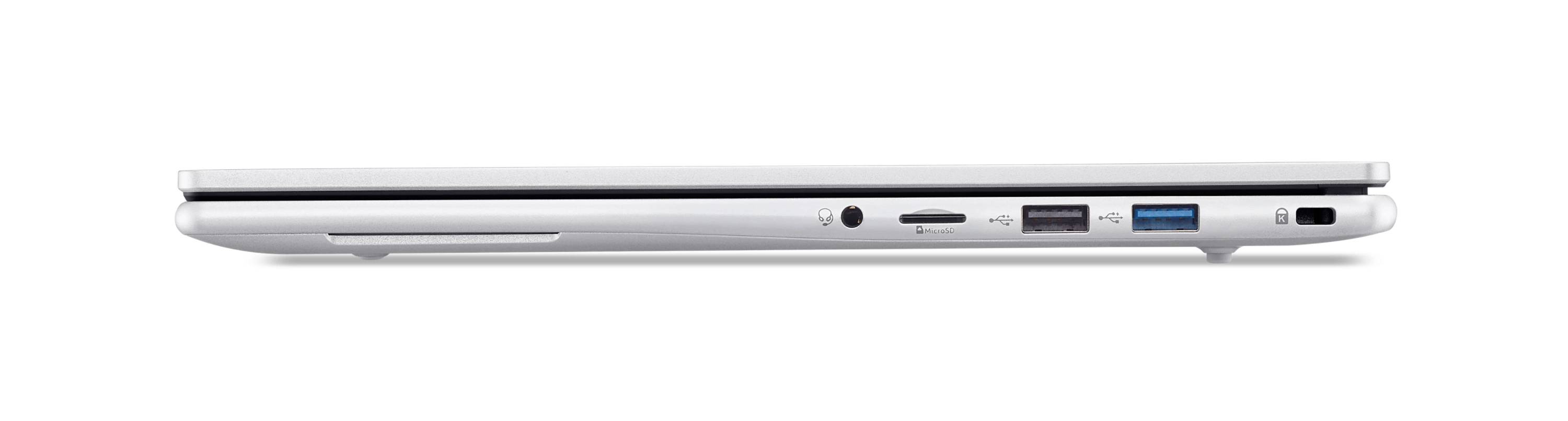 Seitenansicht eines geschlossenen silbernen Laptops, der die schlanke Bauform, Anschlüsse und das Scharnier auf weißem Hintergrund zeigt.