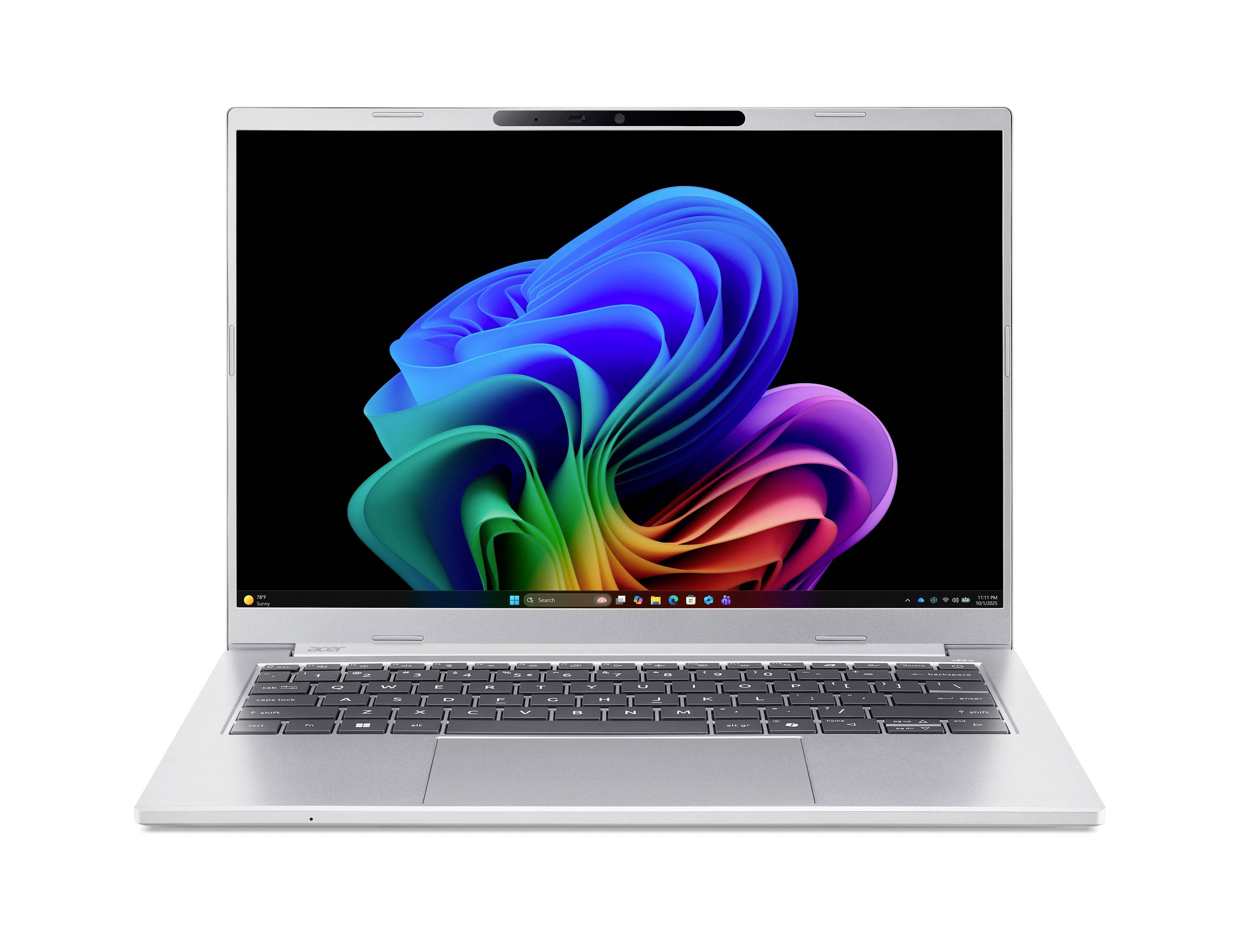 Silberner Laptop offen und nach vorne ausgerichtet, zeigt ein farbiges abstraktes Windows-Desktop-Hintergrundbild auf einem schwarzen Bildschirm.